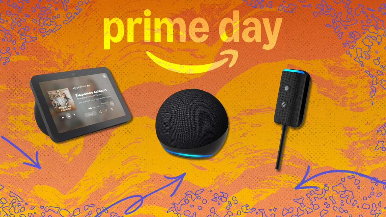 Echo devices in front of an orange background