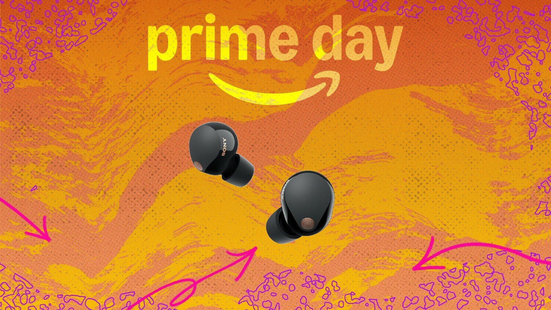 Sony earbuds on a splashy backgroun that says Amazon Prime