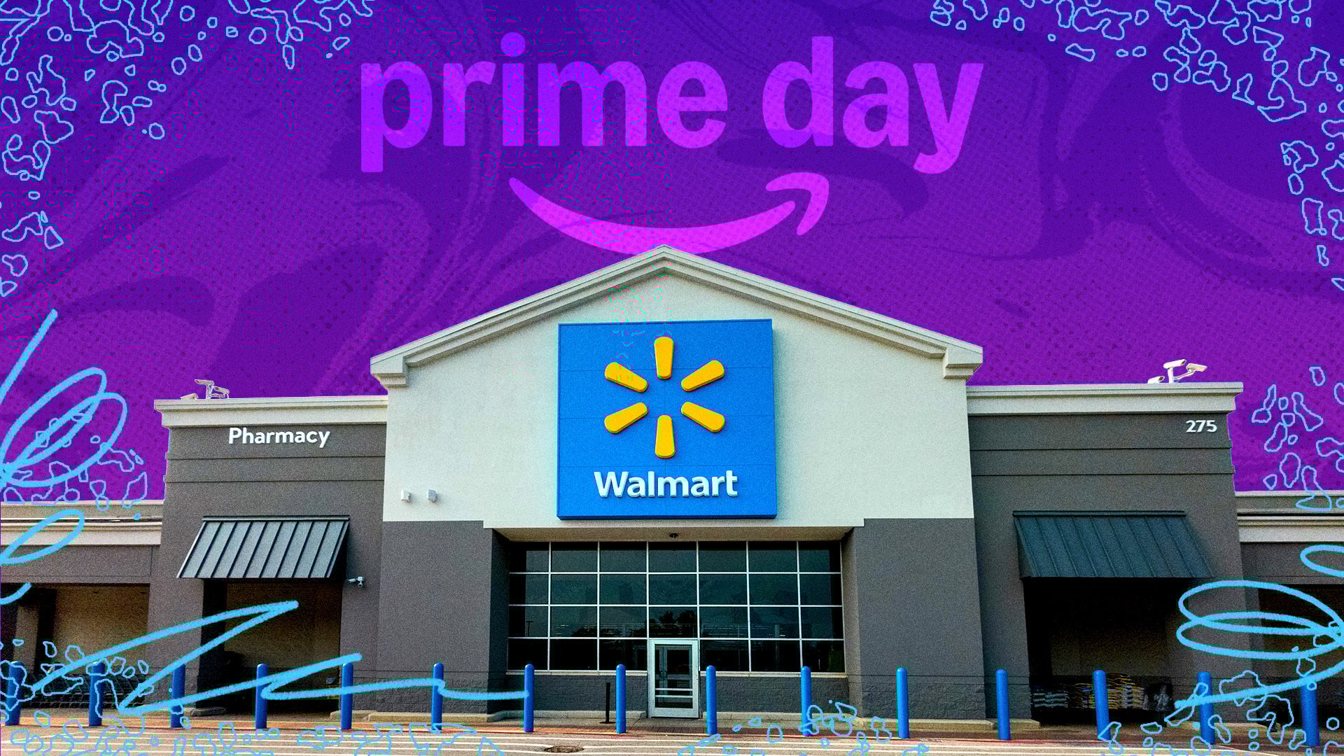 a walmart store below the amazon prime day logo