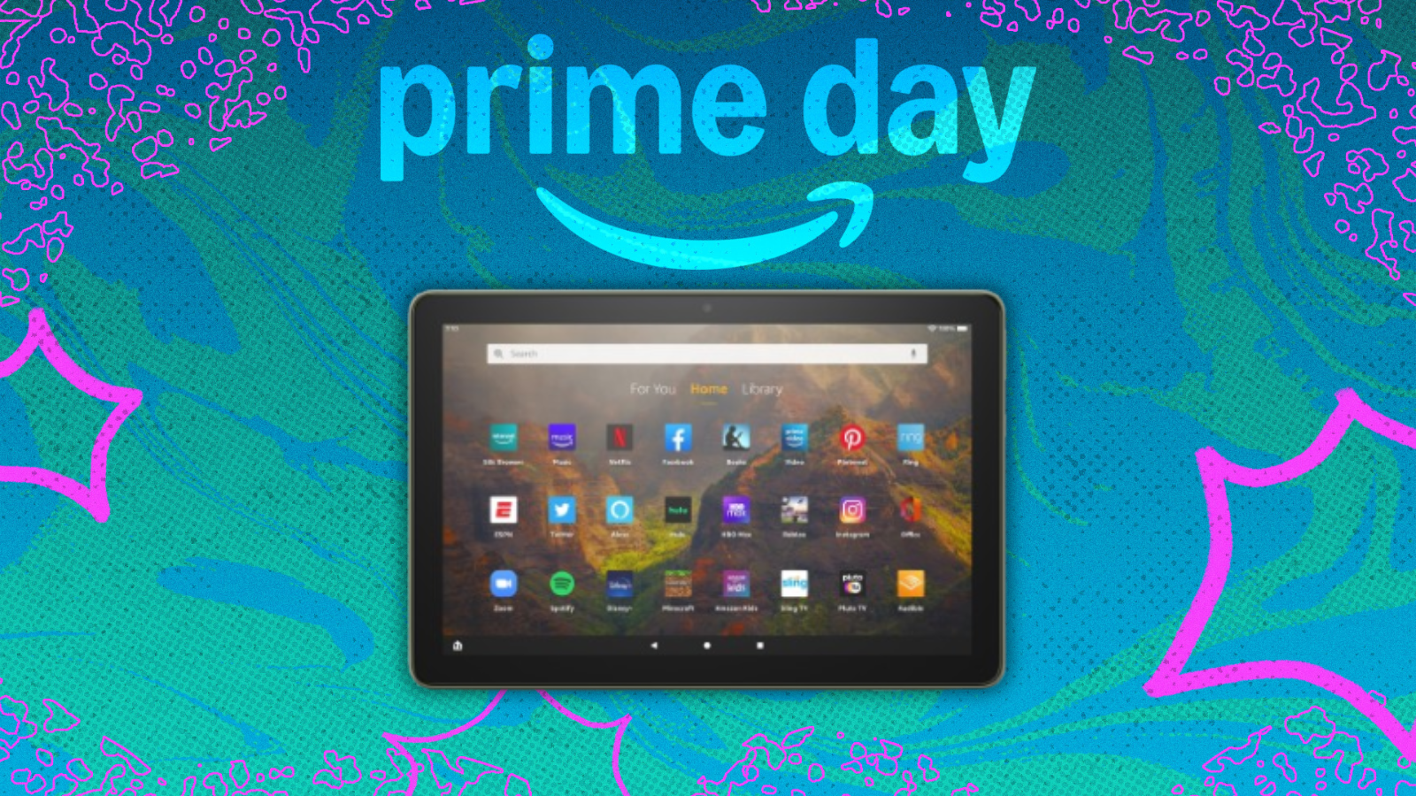 an amazon fire hd 10 tablet below the prime day logo against a blue swirly background