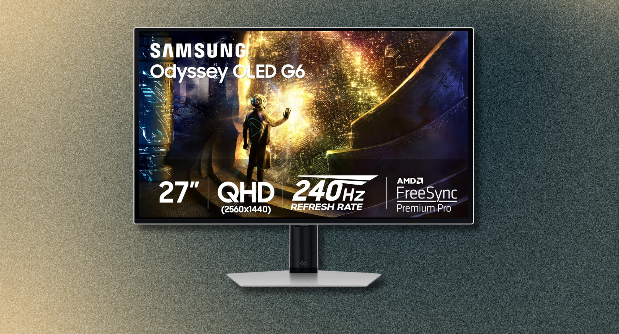 The Samsung Odyssey OLED G6 gaming monitor is shown on its stand against a textured gray background. The screen displays a vibrant gaming scene, with logos indicating its 27-inch QHD display, 240Hz refresh rate, and FreeSync Premium Pro technology.