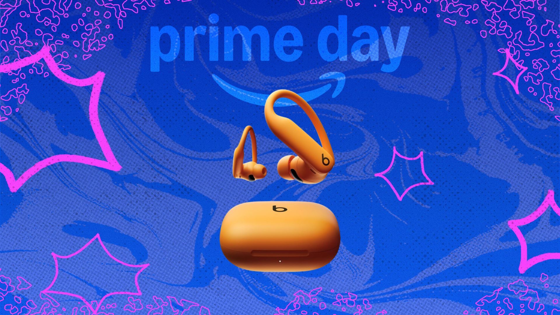 orange powerbeats pro 2 on blue prime day background