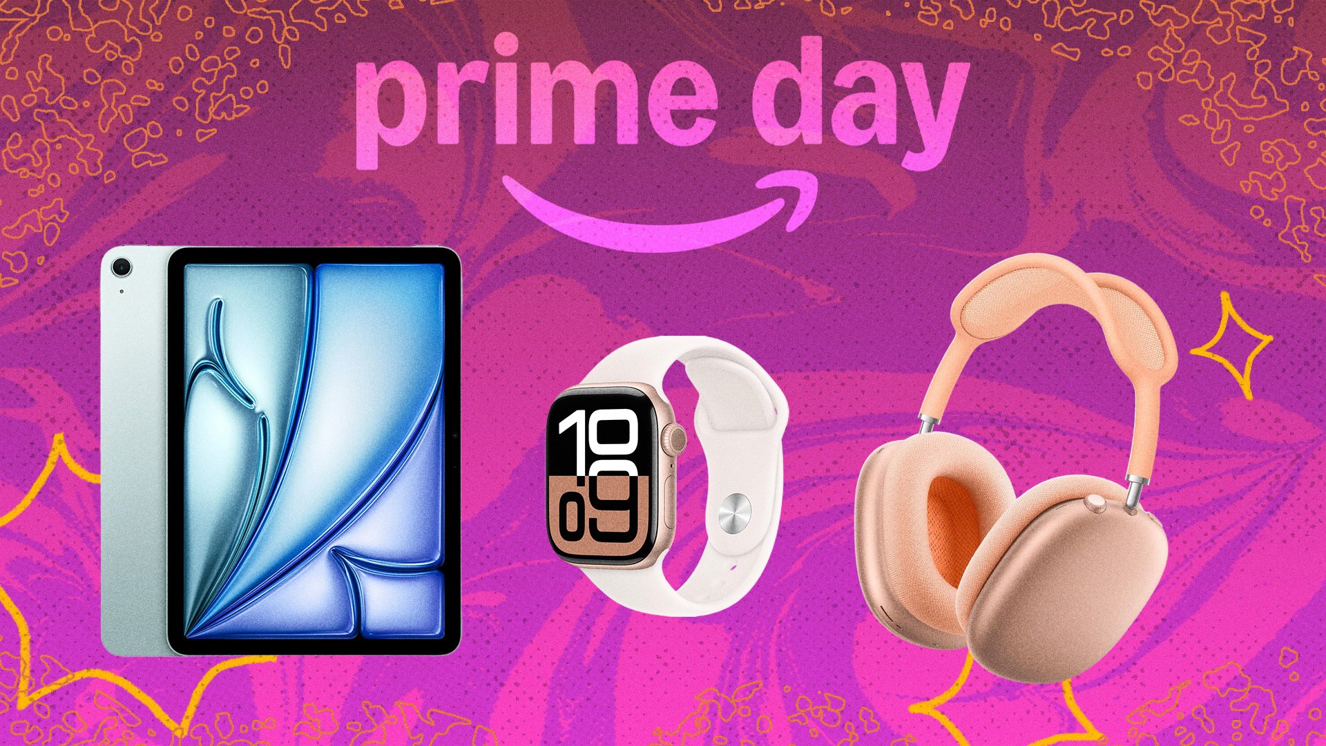 prime day background with ipad, airpods max, and apple watch