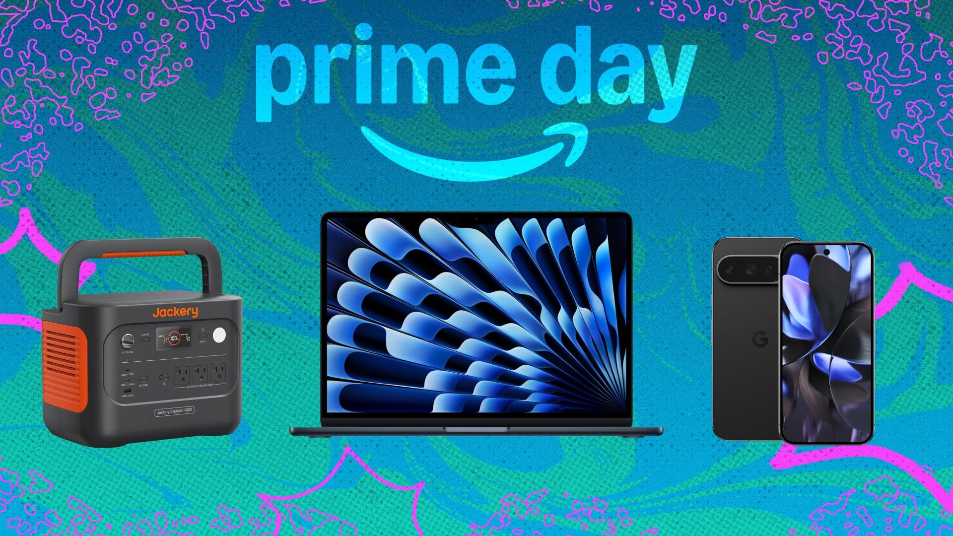 apple m4 macbook air, jackery power station, and google pixel 9 on patterned background with text 'prime day'