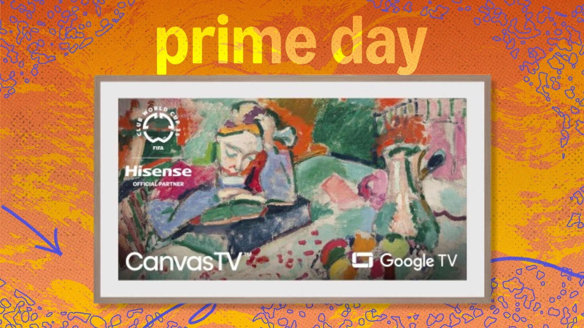 Hisense 55-Inch Class QLED 4K S7N CanvasTV Series Smart TV on a orange background
