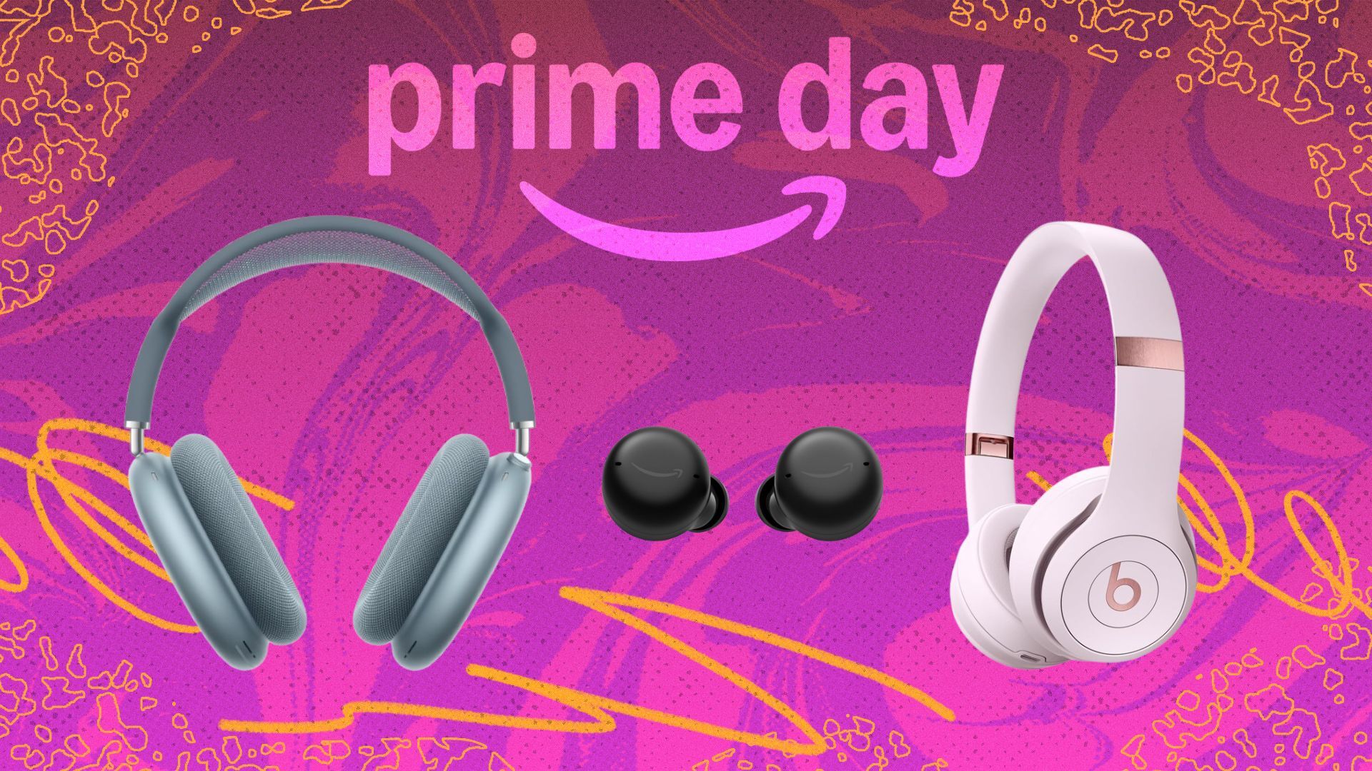 blue airpods max, amazon echo buds, and pink beats headphones on pink prime day background