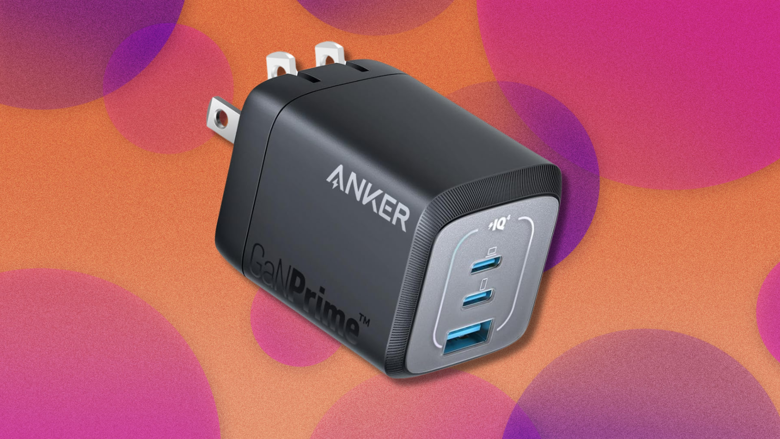 Anker charger on orange and purple abstract background