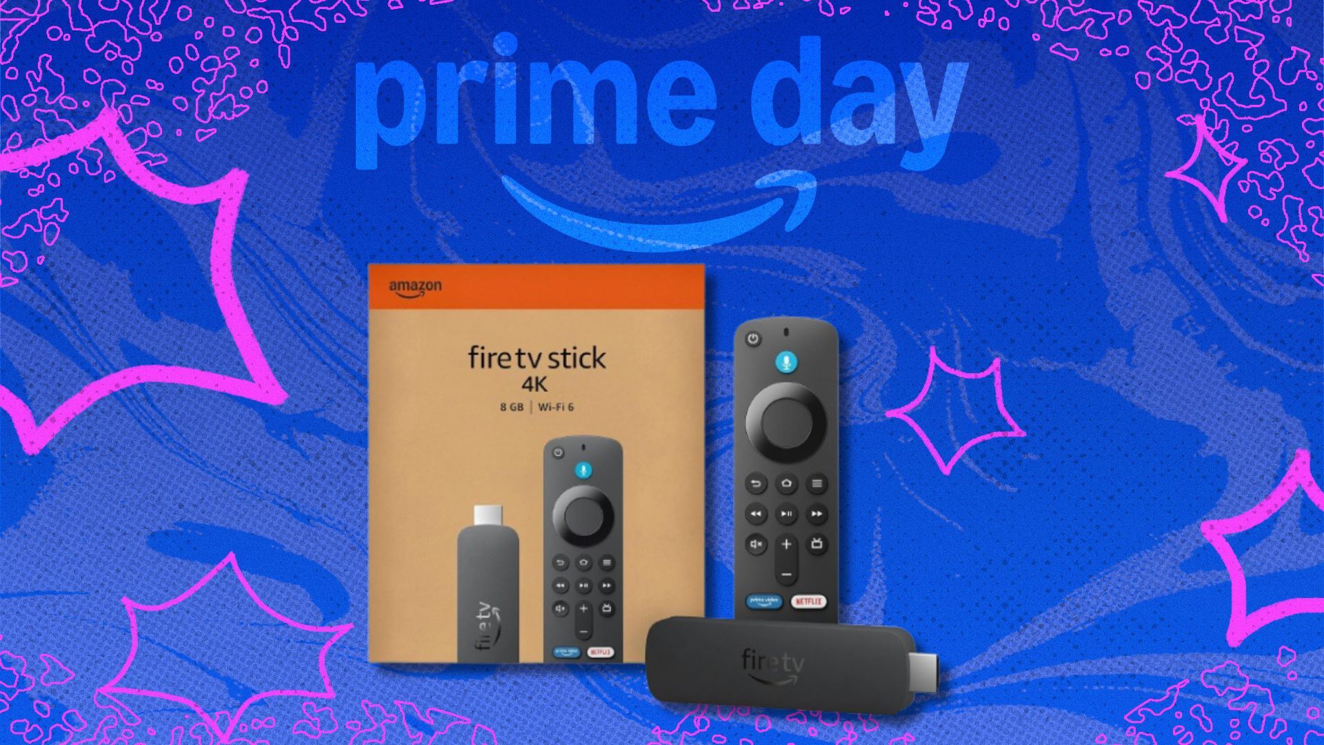 an amazon Fire TV stick on a blue and purple background that says prime day