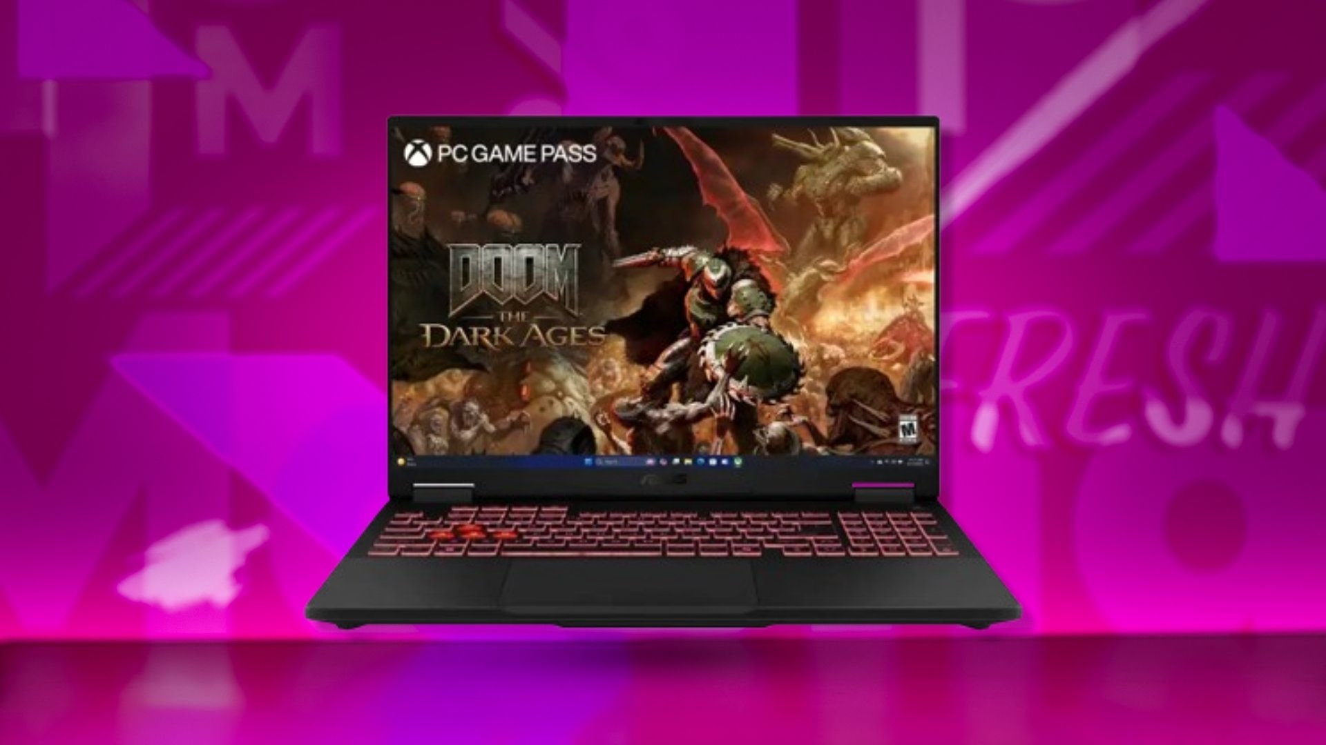 The ASUS - TUF Gaming A16 Gaming Laptop on a pink background