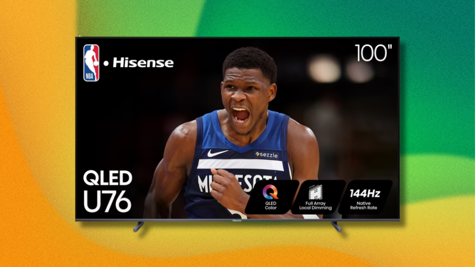 Hisense 100-inch TV on green and yellow abstract background