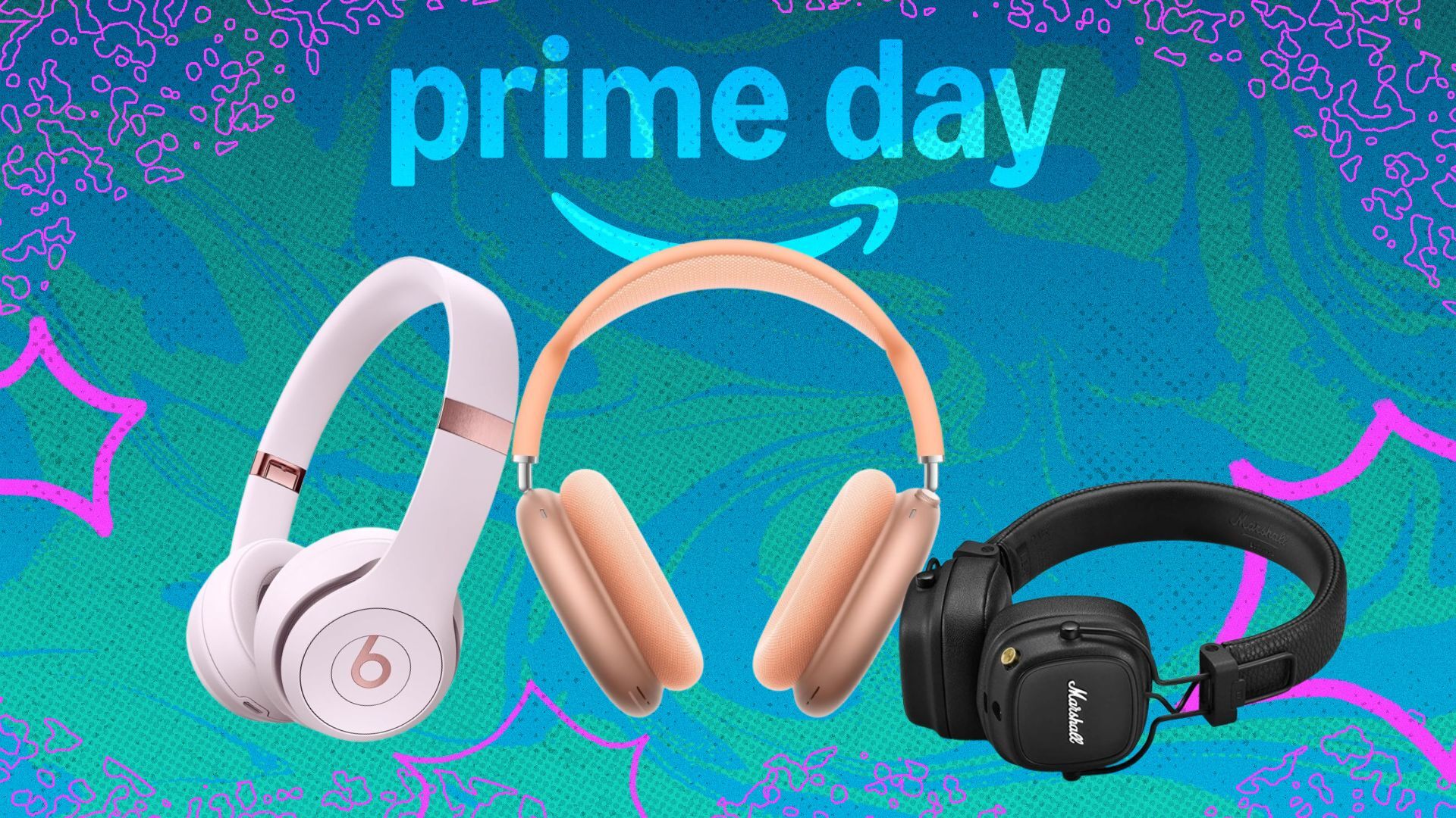 pink beats headphones, orange airpods max, and black marshall headphones on blue graphic prime day background