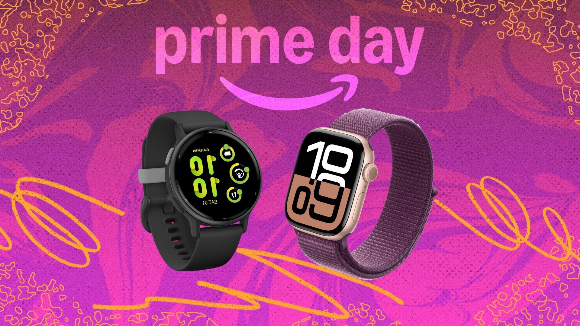 Fitness trackers on Prime Day background