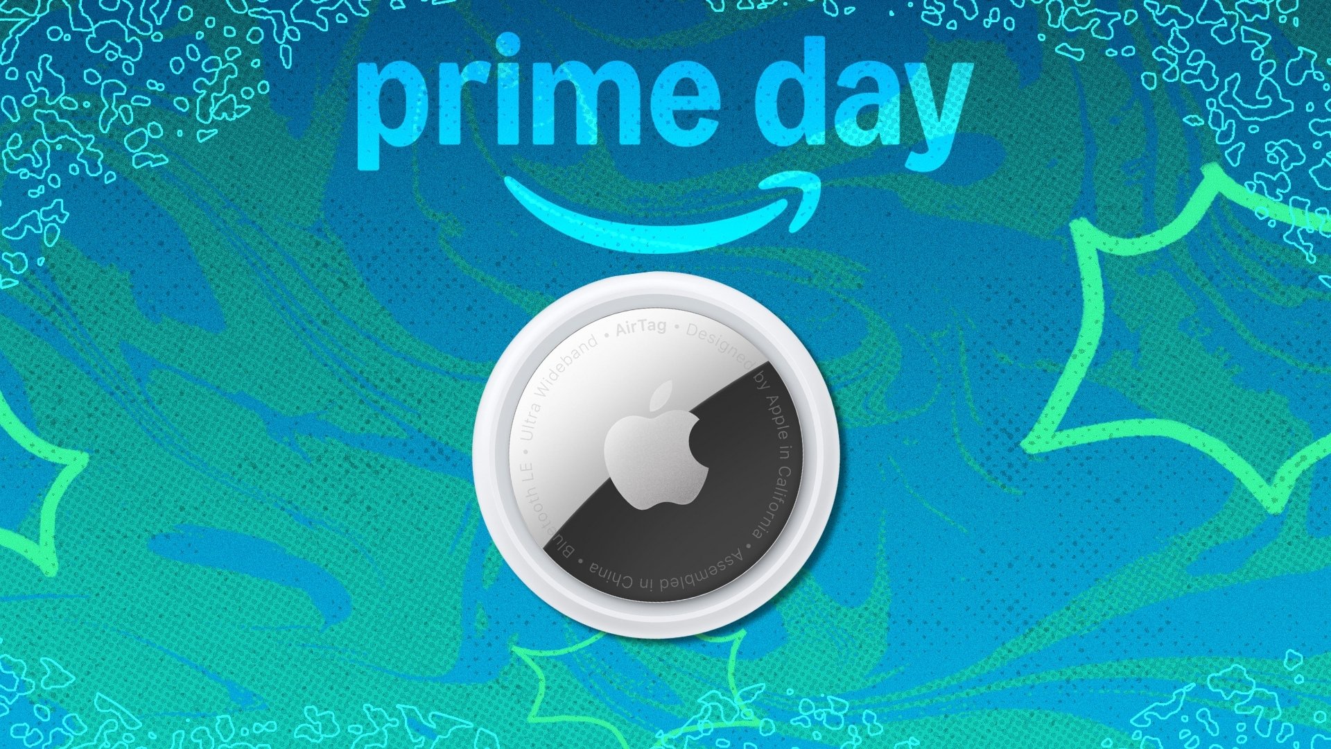 Apple AirTag on Prime Day background