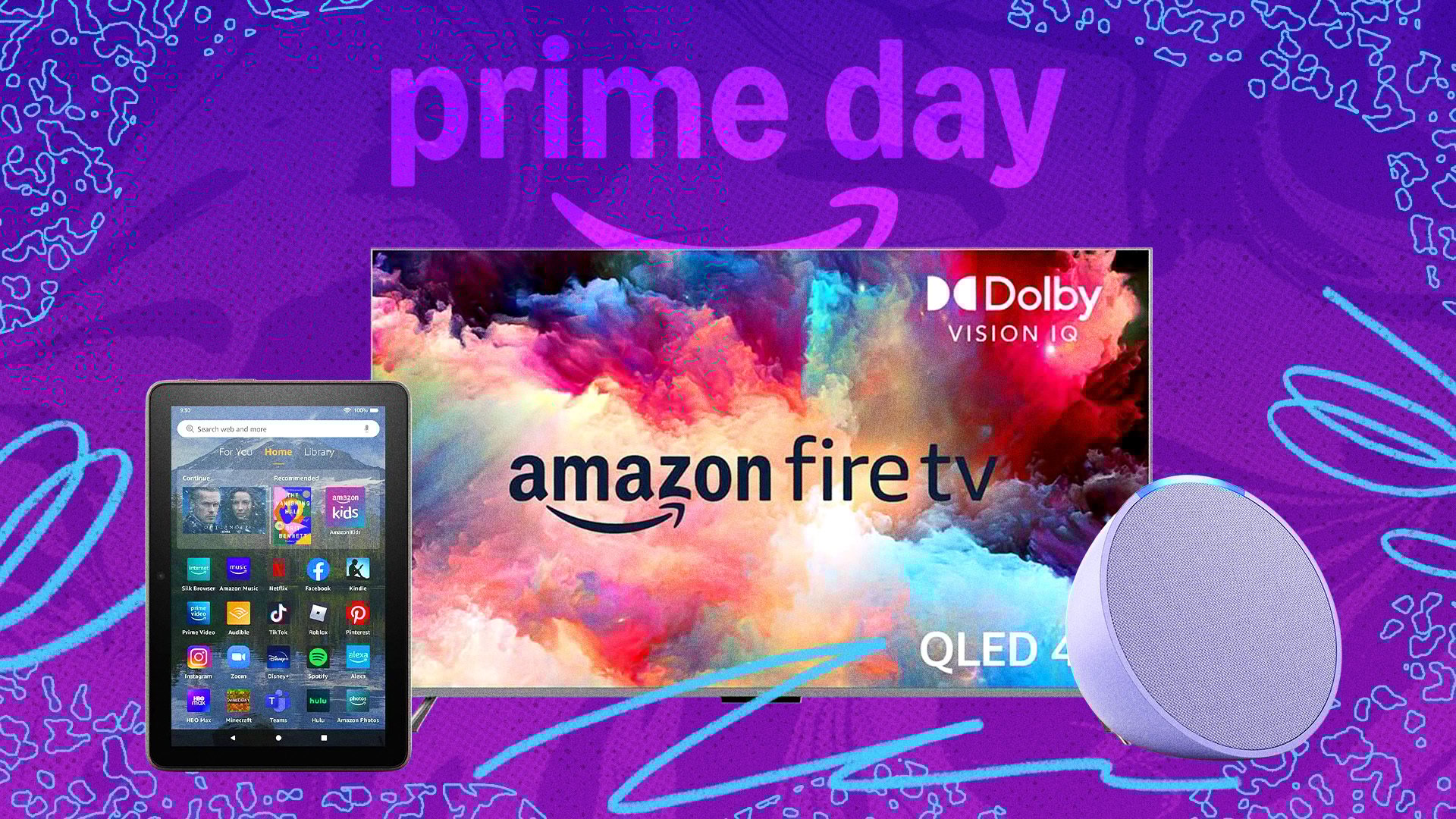 An Amazon Fire tablet and tv on a colorful background.