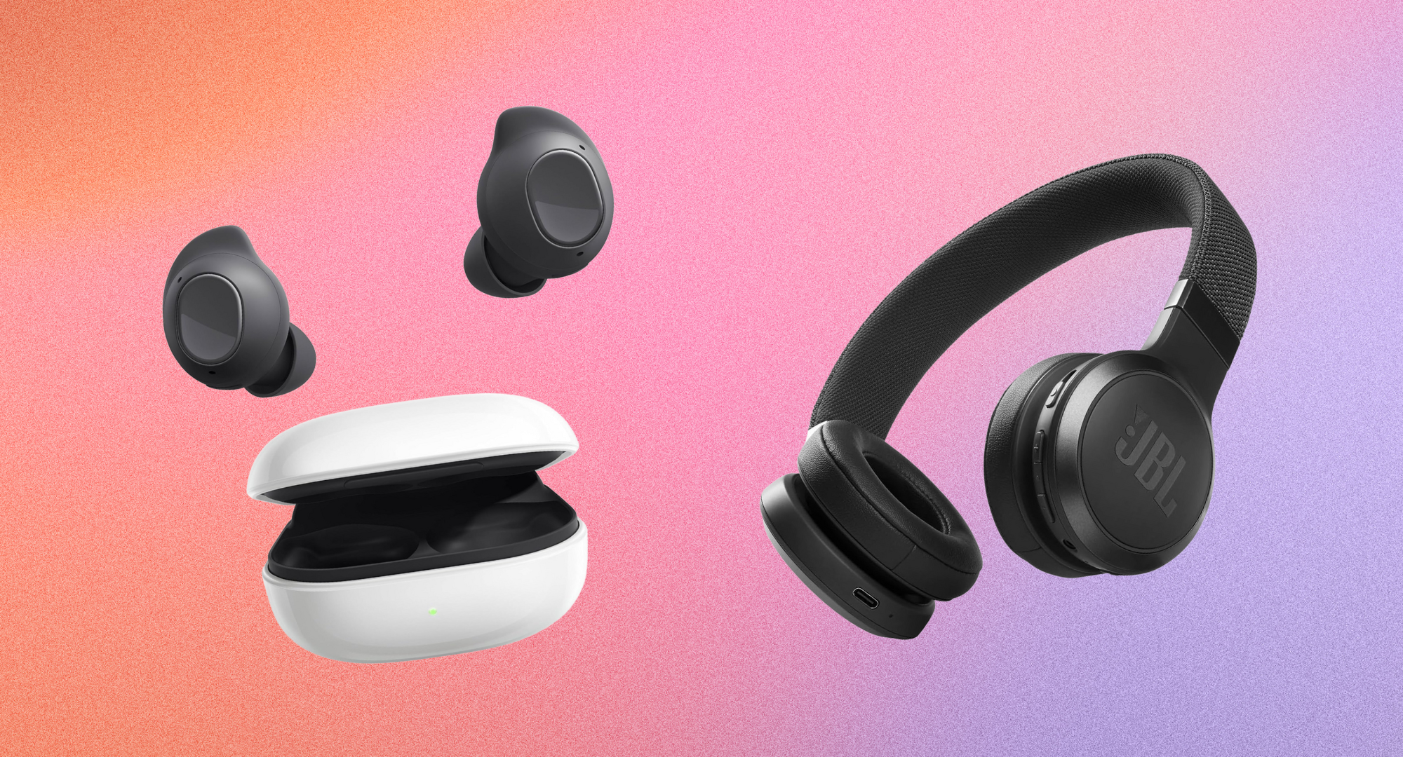 A pair of black JBL wireless headphones and a pair of black wireless Samsung earbuds with a white charging case, floating against a colorful gradient background.
