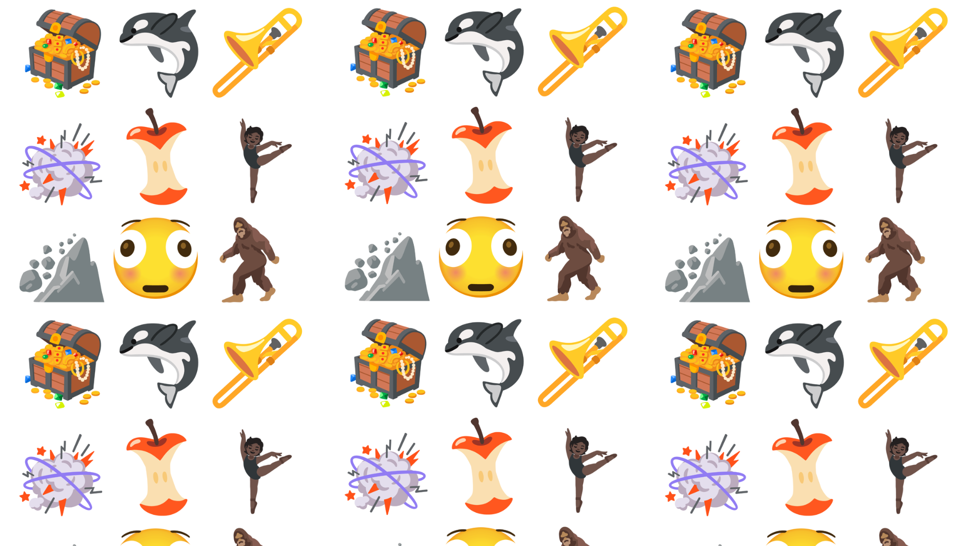 A repeating pattern of colorful emojis, including a treasure chest, orca, trombone, explosion, apple core, dancer, shocked face, mountain, and Bigfoot, arranged in a grid on a white background.