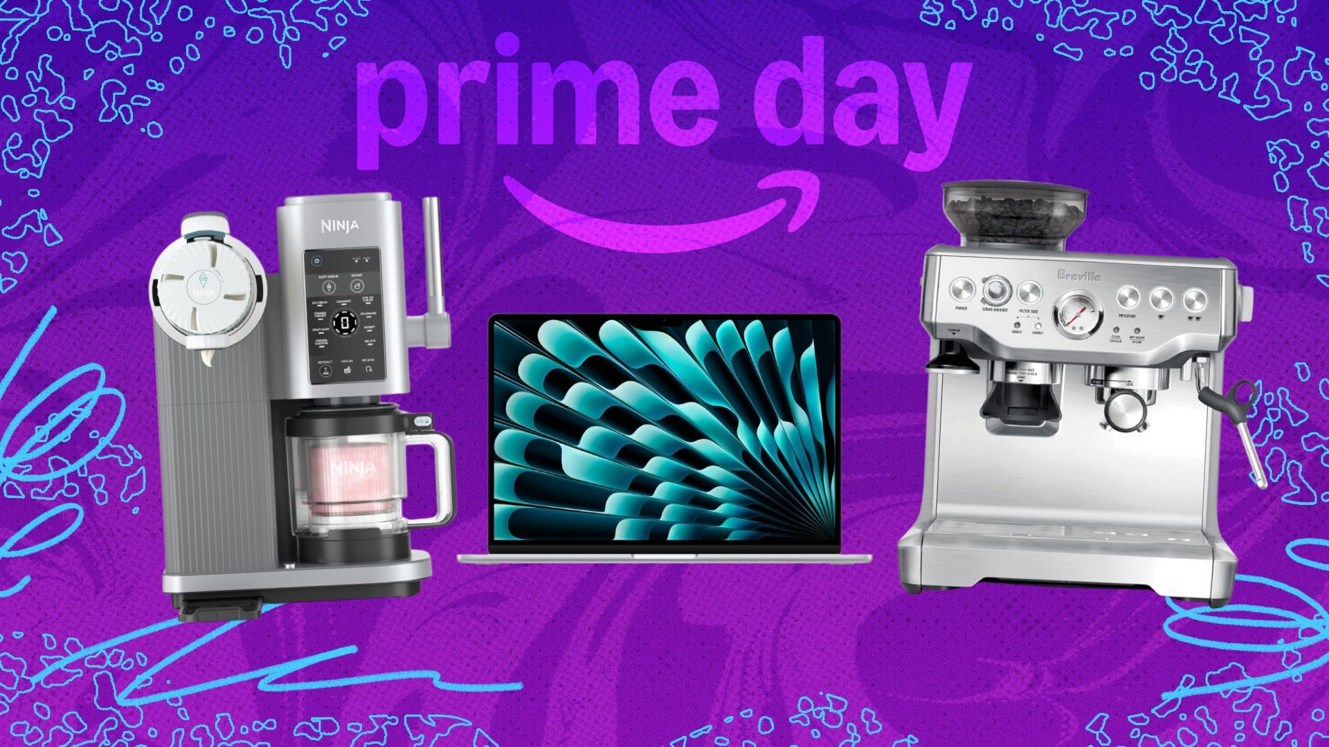 ninja swirl, macbook air, and breville espresso machine on purple prime day background