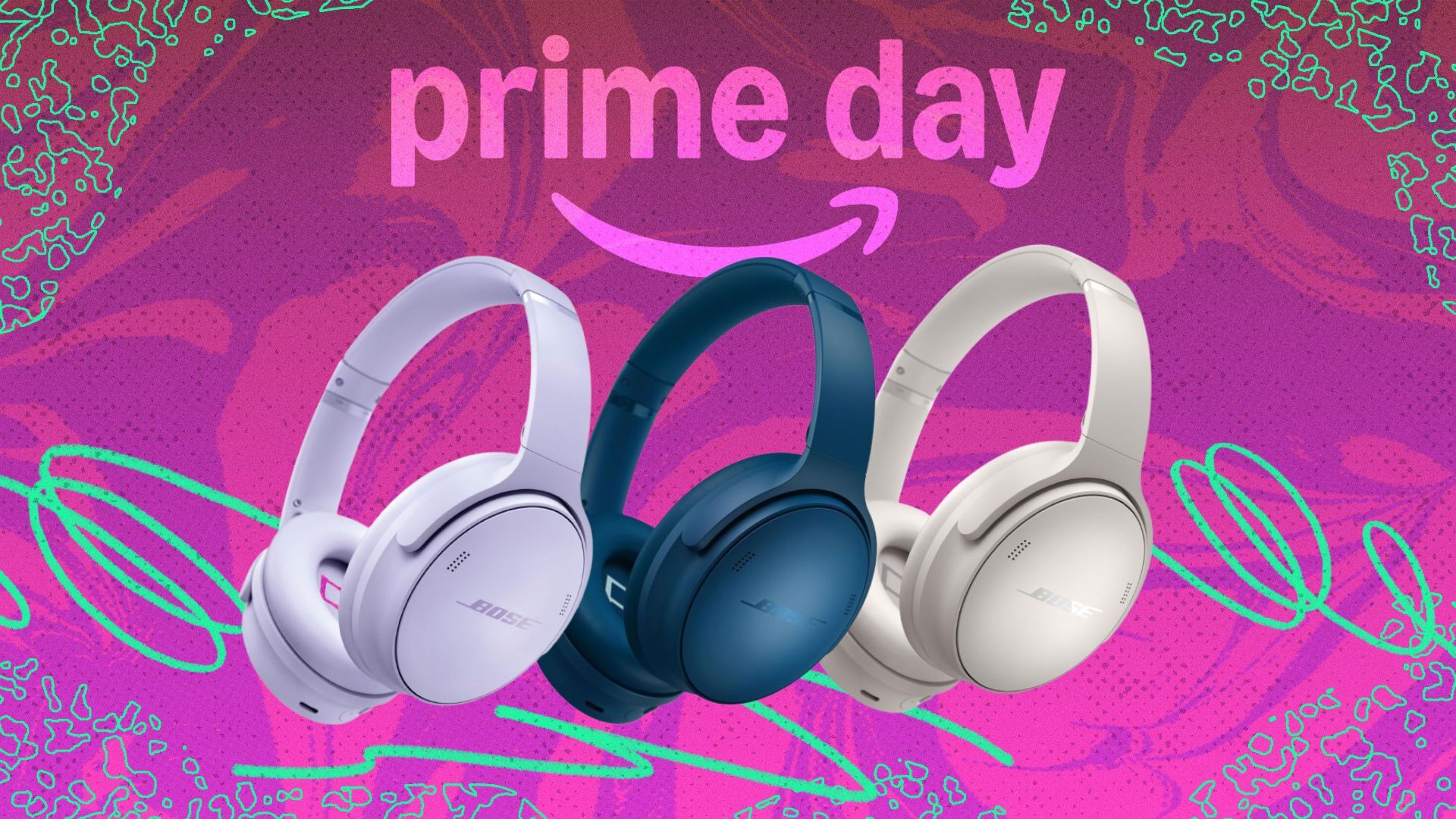 lilac, blue, and white headphones on pink prime day background