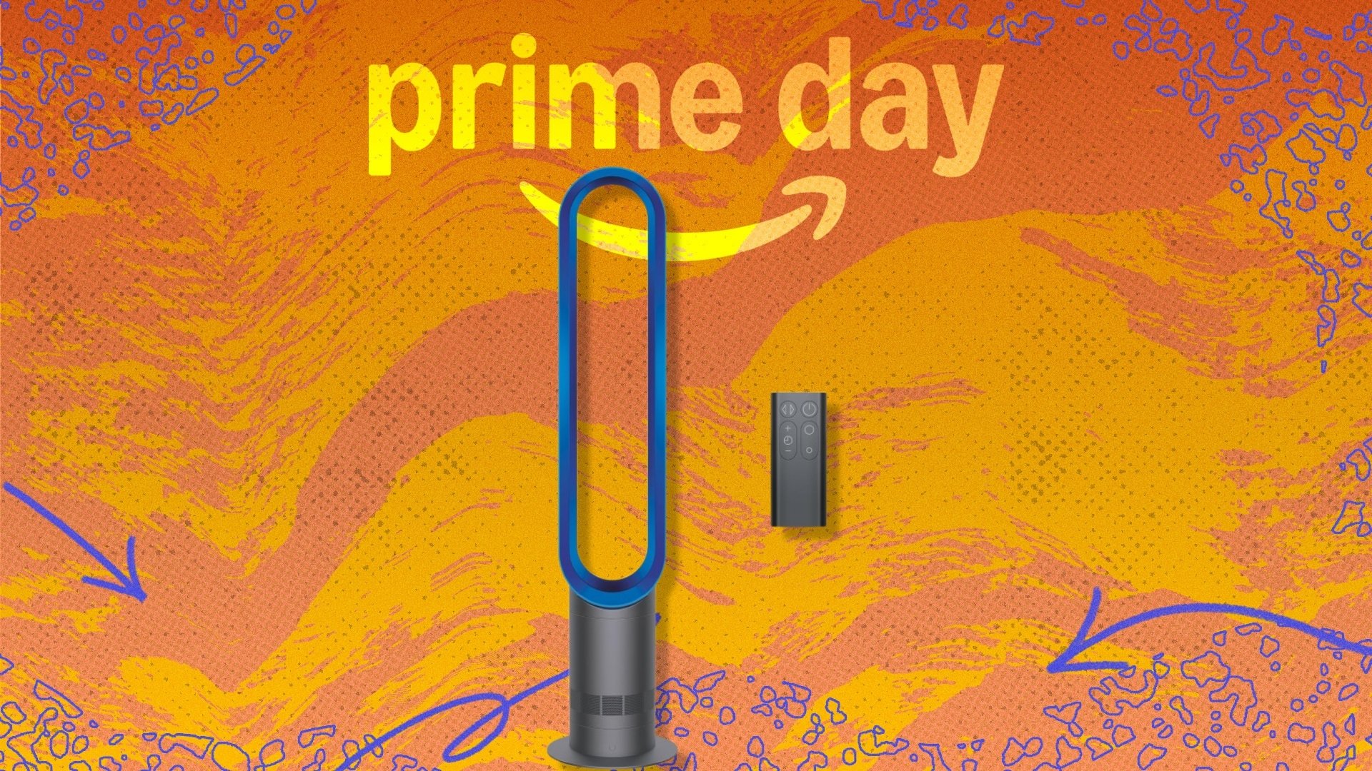 The Dyson Cool AM07 Bladeless Tower Fan on a orange background
