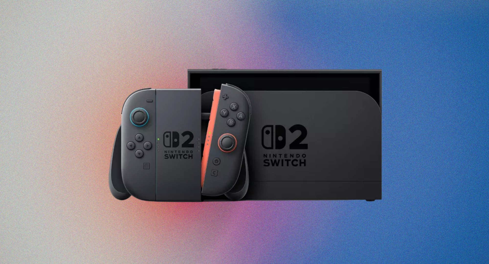 A Nintendo Switch 2 console and dock are shown with two gray Joy-Con controllers that have blue and orange accents, all set against a blue and pink gradient background.