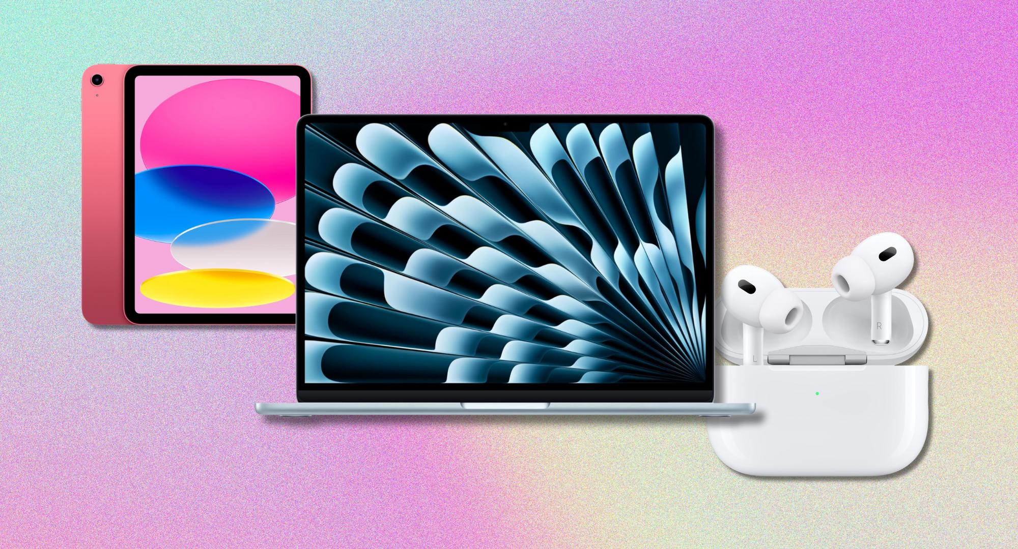 A pink iPad, a silver MacBook, and a pair of AirPods Pro are displayed in a collage against a textured pink and purple gradient background.
