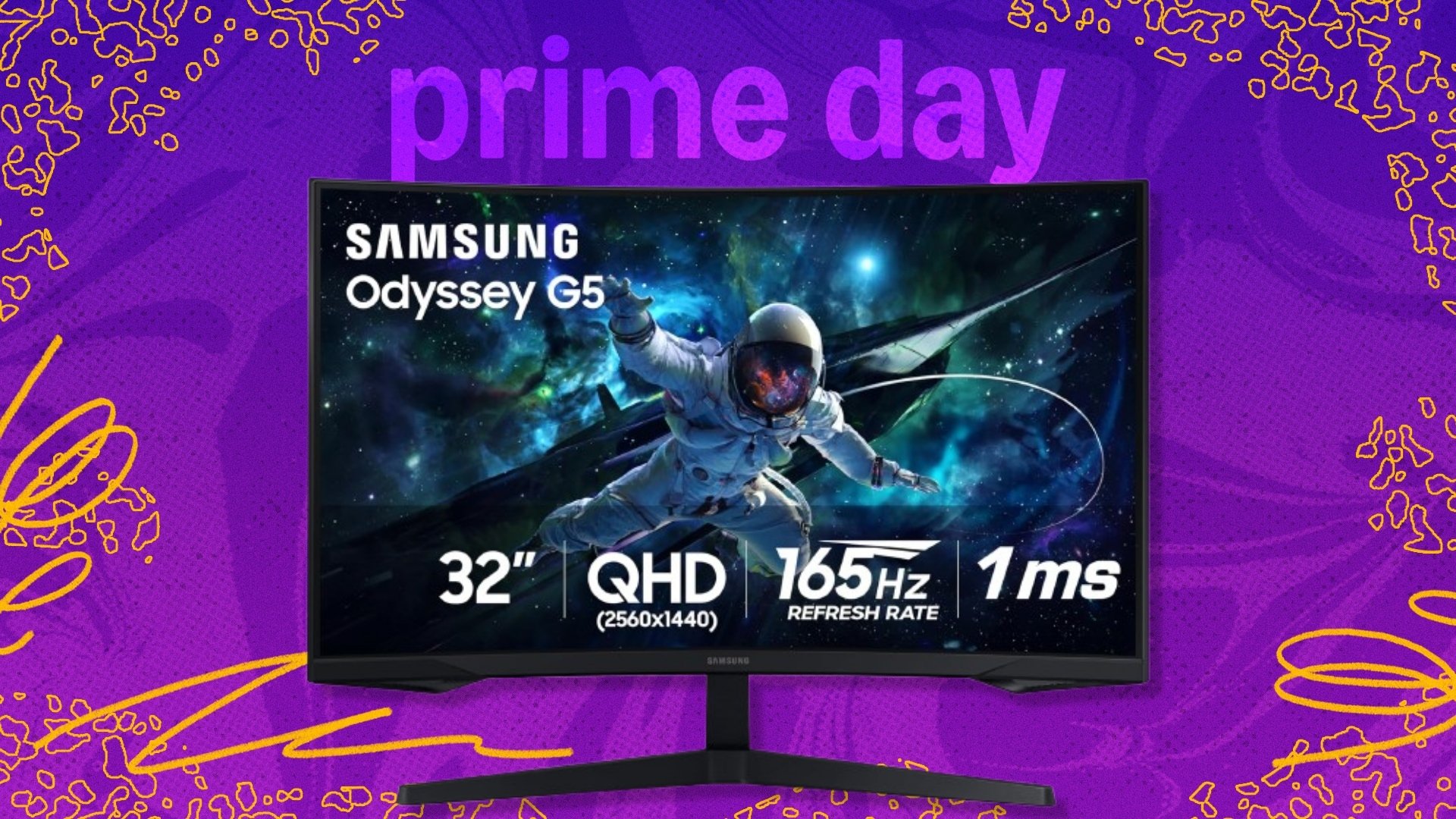 The 32-inch Samsung Odyssey curved gaming monitor on a purple background