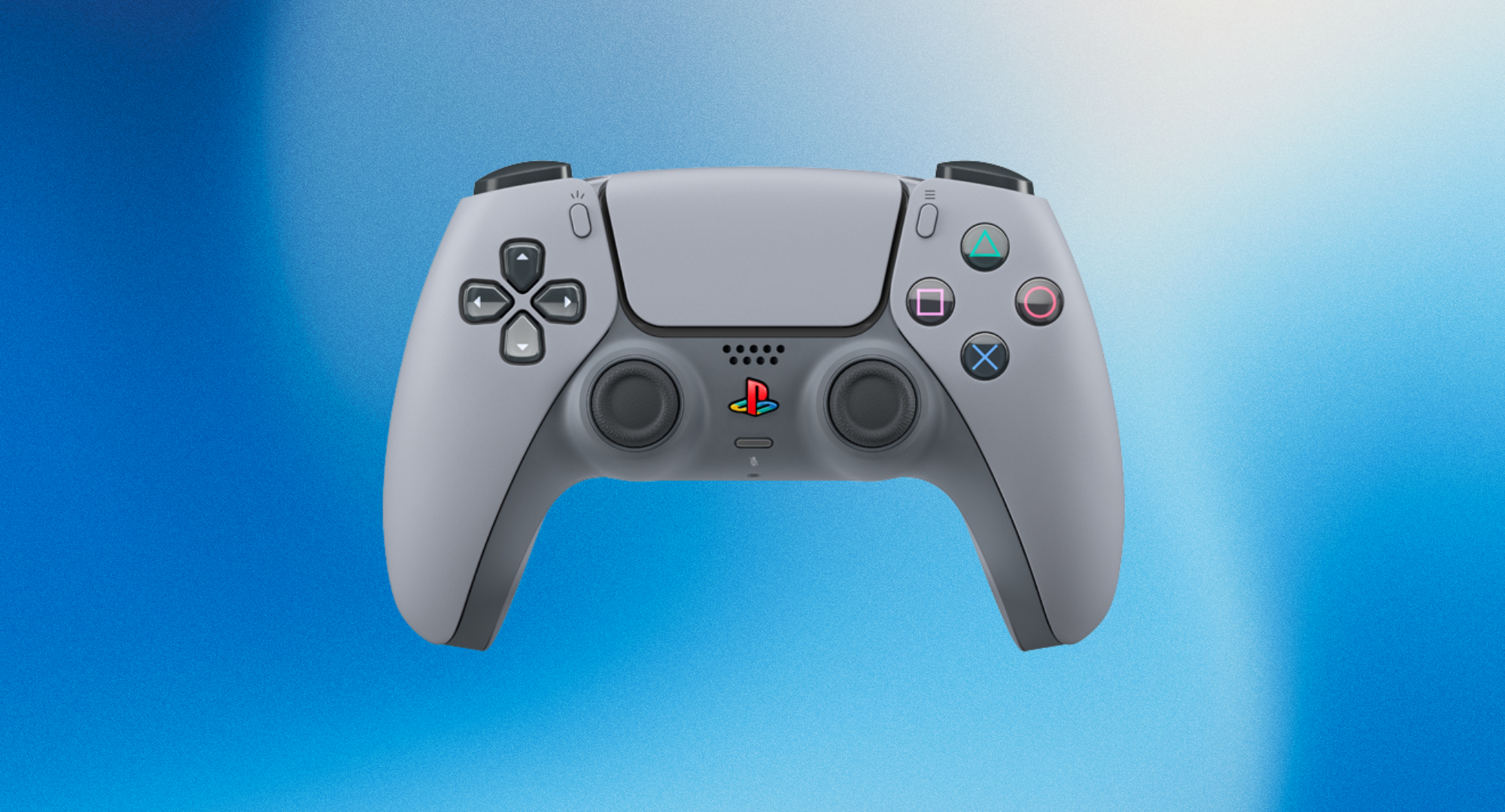 The limited-edition PS5 30th Anniversary DualSense controller is shown head-on against a blue gradient background.