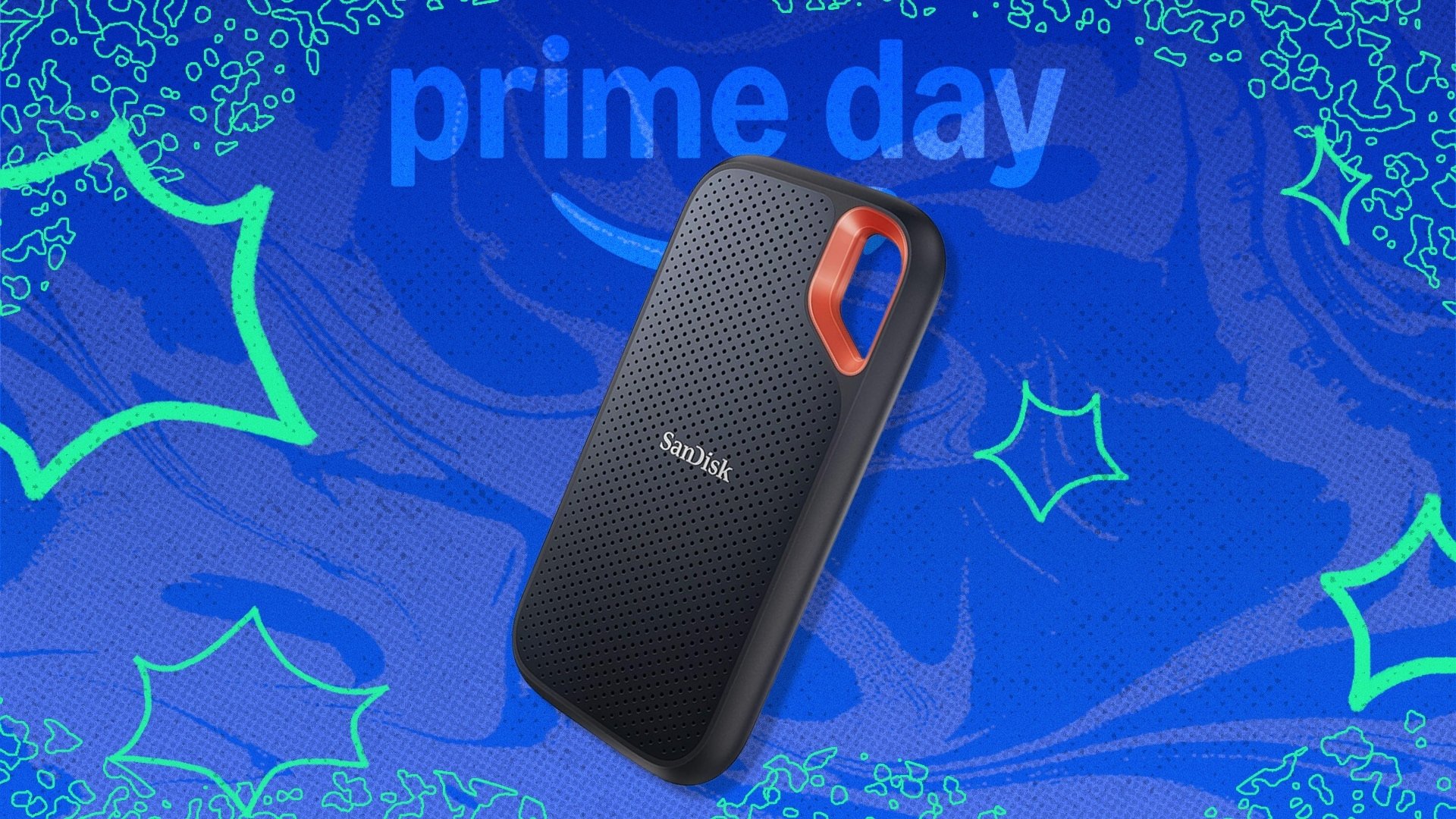 The SanDisk 1TB Extreme Portable SSD on a blue background