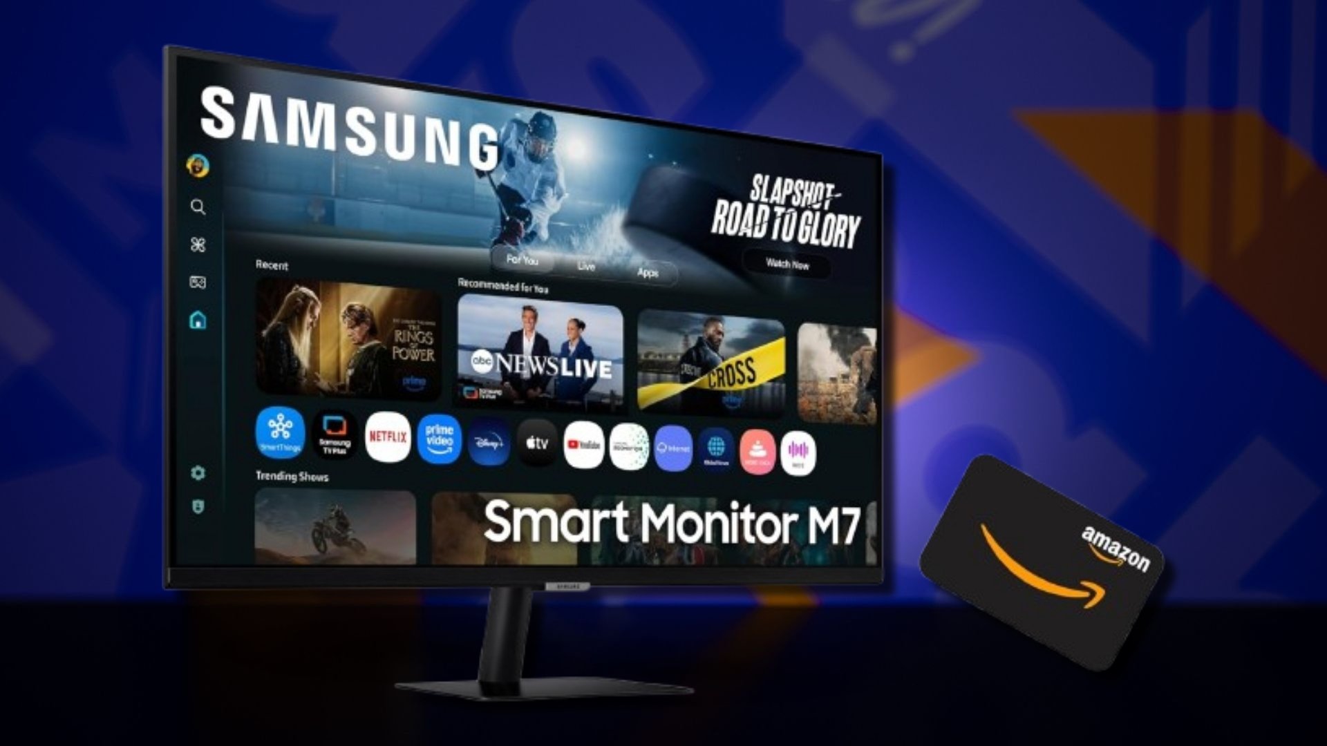 The Samsung M7 smart monitor on a blue and orange background