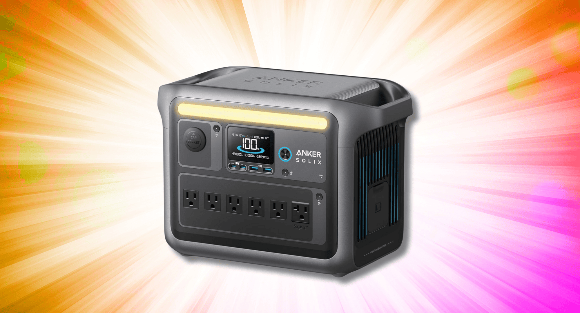 The Anker SOLIX C1000 Portable Power Station is shown with its light bar and screen illuminated, set against a colorful starburst background.