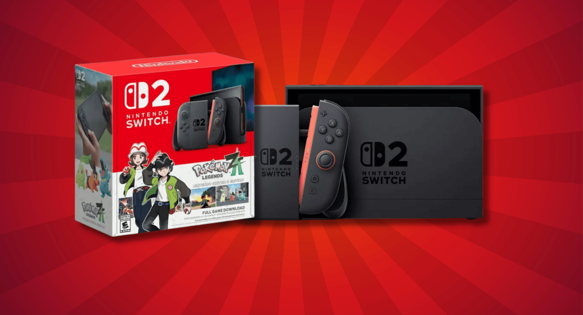  The Nintendo Switch 2 console and Pokémon Legends: Z-A bundle, showing the retail box alongside the unboxed console, dock, and Joy-Con controllers, all set against a red background.