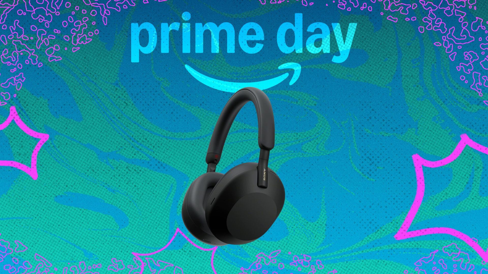 black sony wh-1000xm5 headphones on blue prime day background