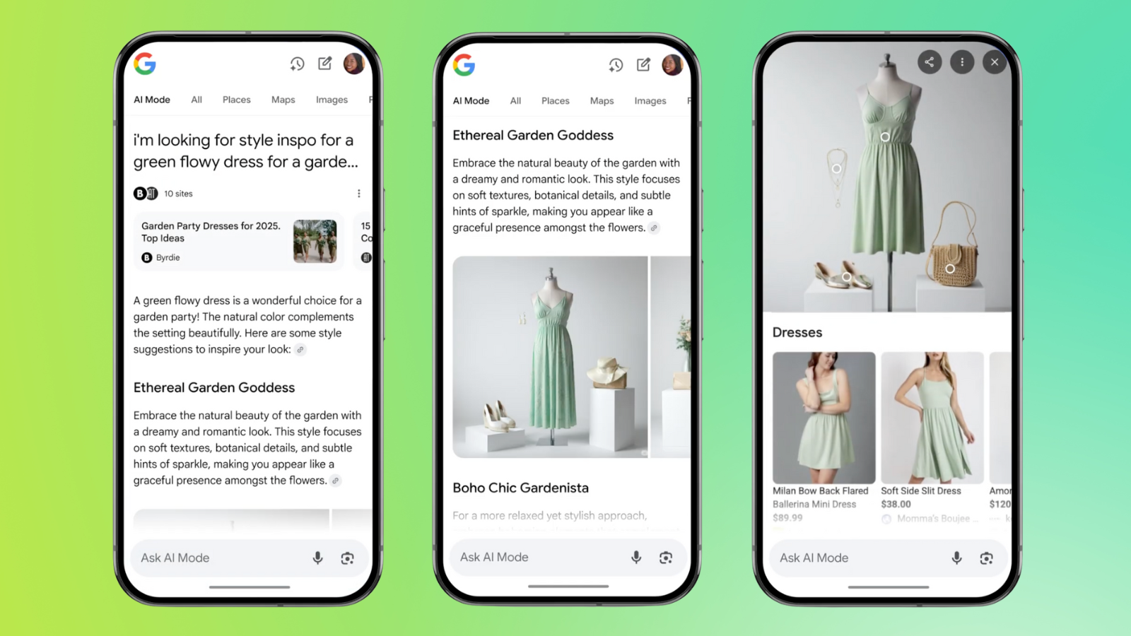 screenshots of the google vision match feature against a green gradient background