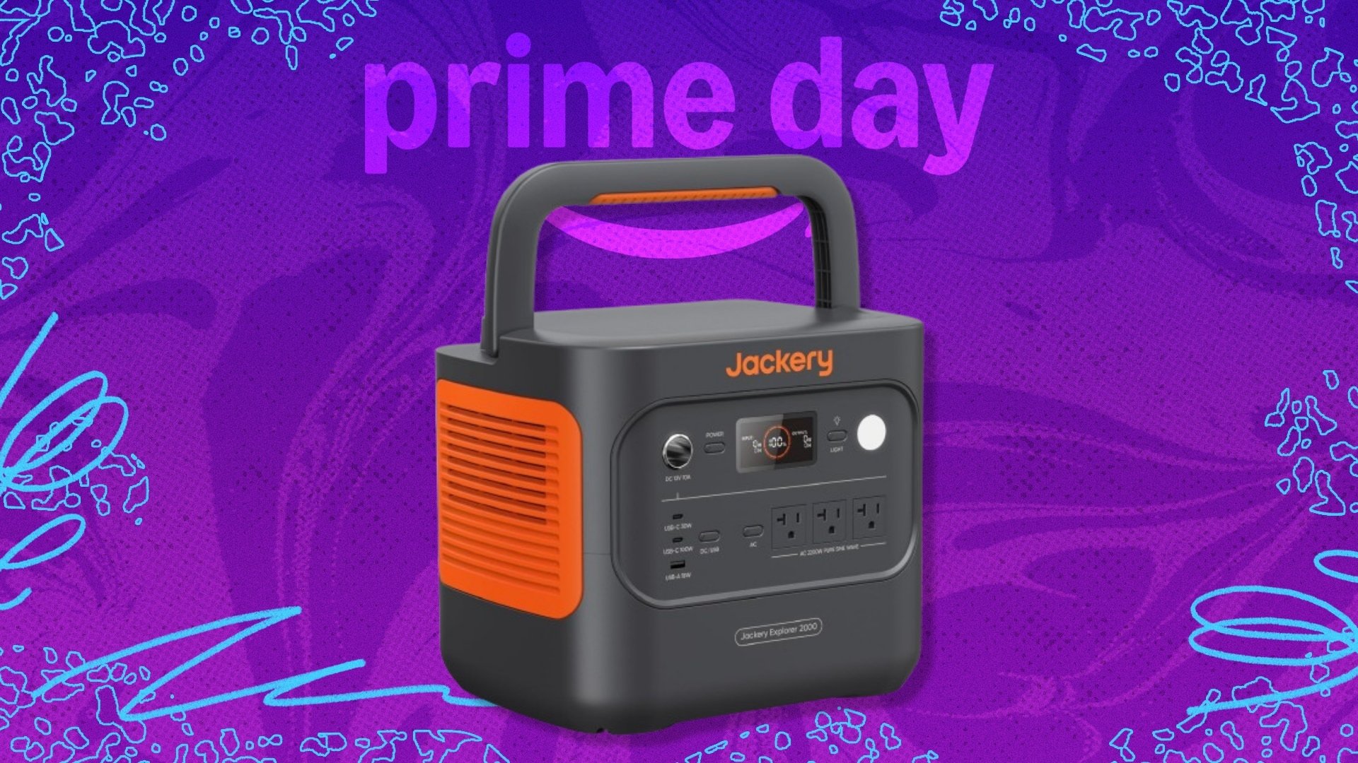 The Jackery Explorer 2000 v2 Portable Power Station on a purple background