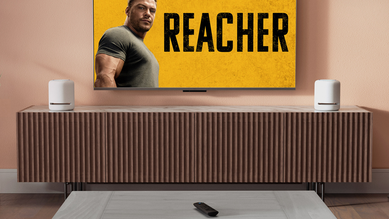 TV setup in living room with fire tv stick 4k on coffee table