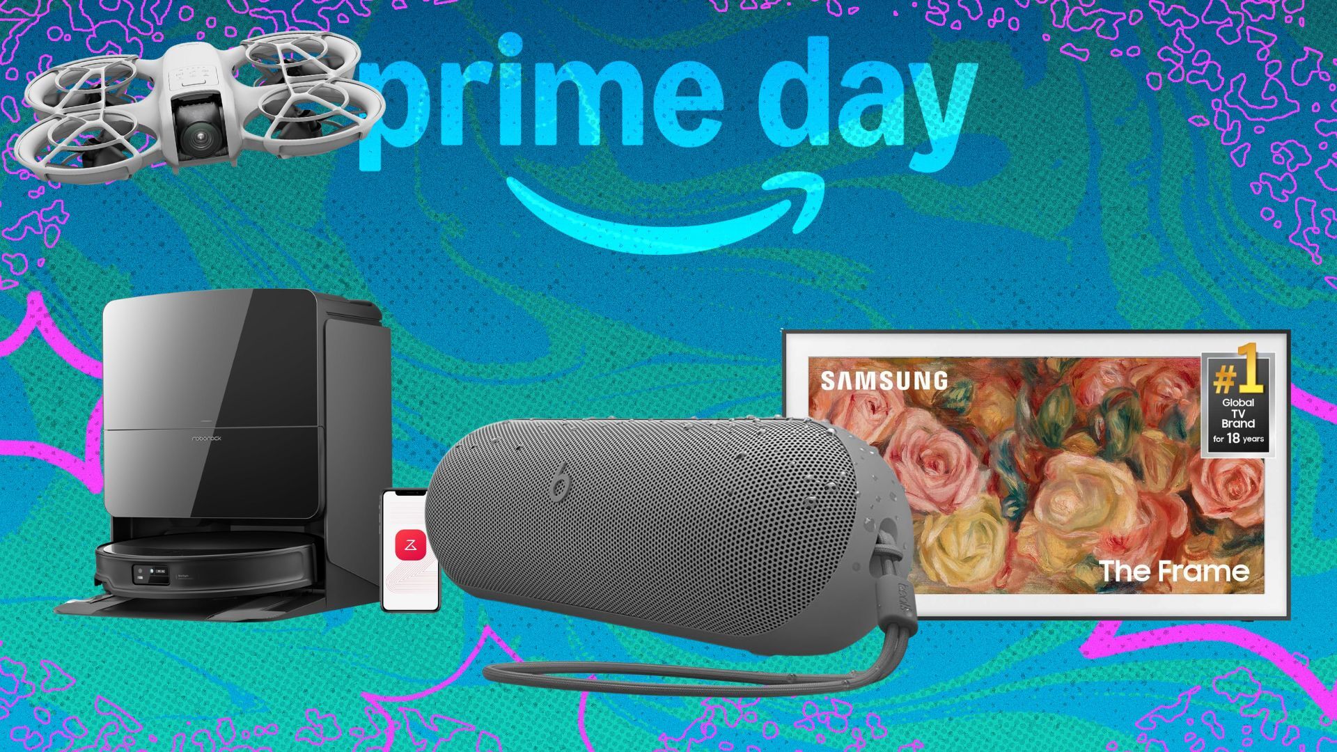 a drone, robot vacuum, samsung tv, and beats speaker on patterned background that reads 'Prime Day'