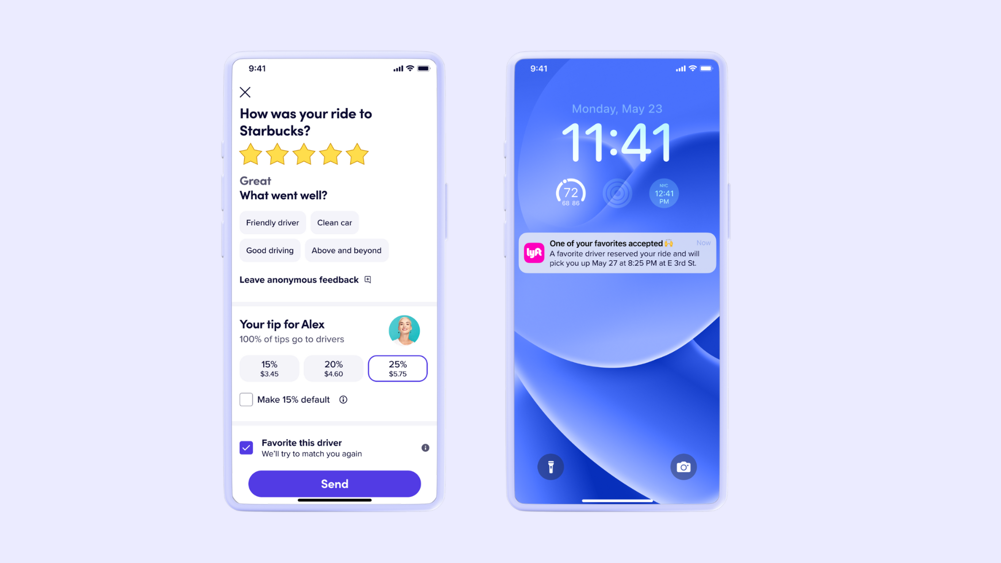 Two phone screens. One shows a completed Lyft ride with rating and tip options, as well as a new option to favorite a rider at the bottom. The second shows a phone notification that a driver accepted the user's favorite.