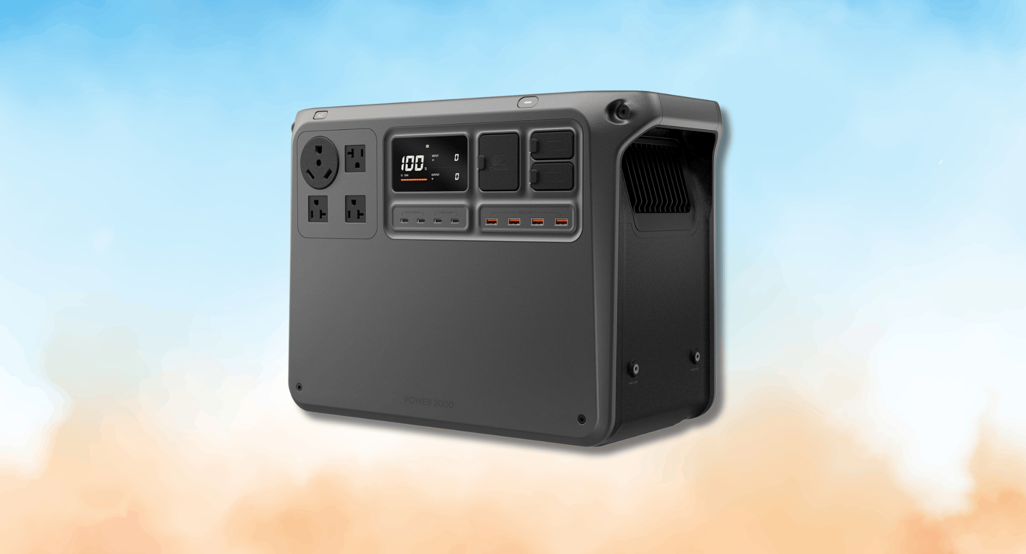 The DJI Power 2000 portable power station is shown at an angle against a stylized background that is a light blue sky on top and a hazy, light orange color on the bottom.