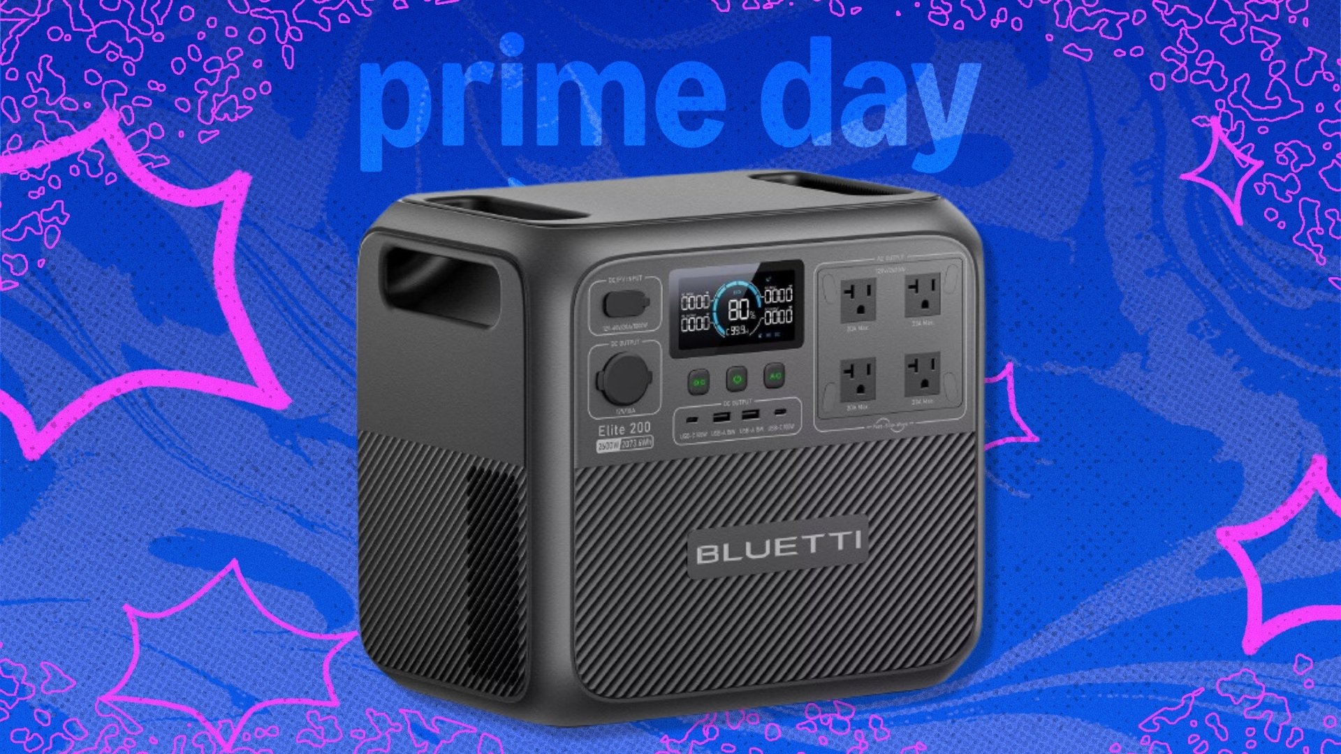 The BLUETTI Solar Generator Elite 200 V2 on a blue background