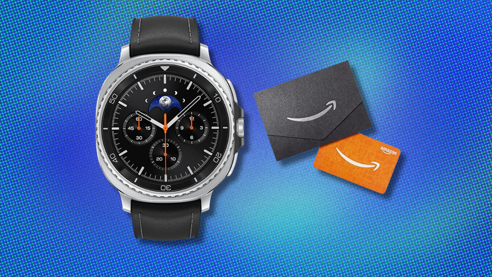 Samsung Galaxy Watch 8 Classic and Amazon gift cards on blue and dark blue abstract background
