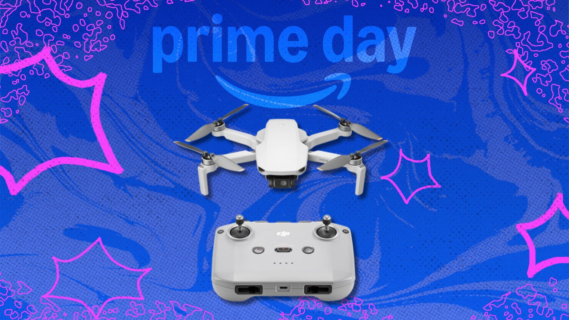 the DJI mini 4k drone on a blue prime day background