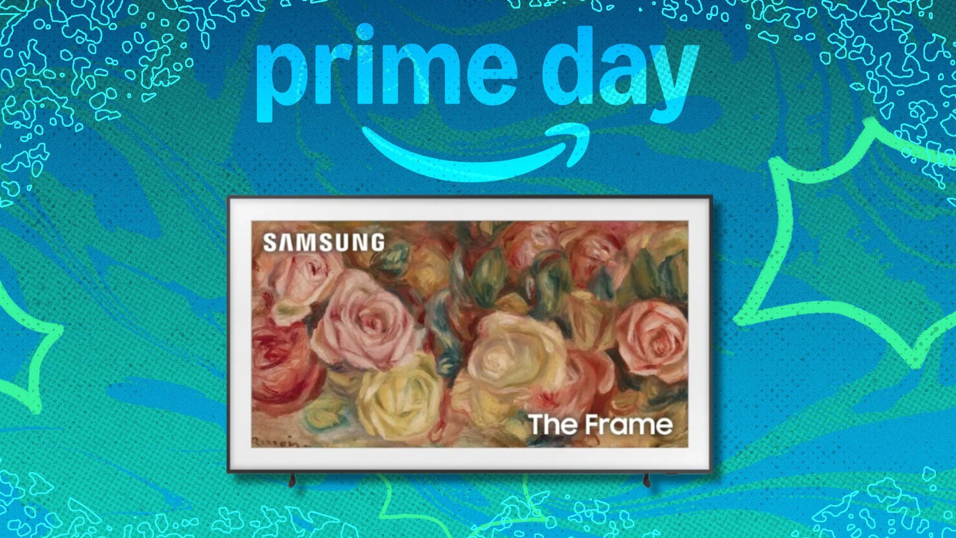 the samsung the frame TV on a green Prime Day background