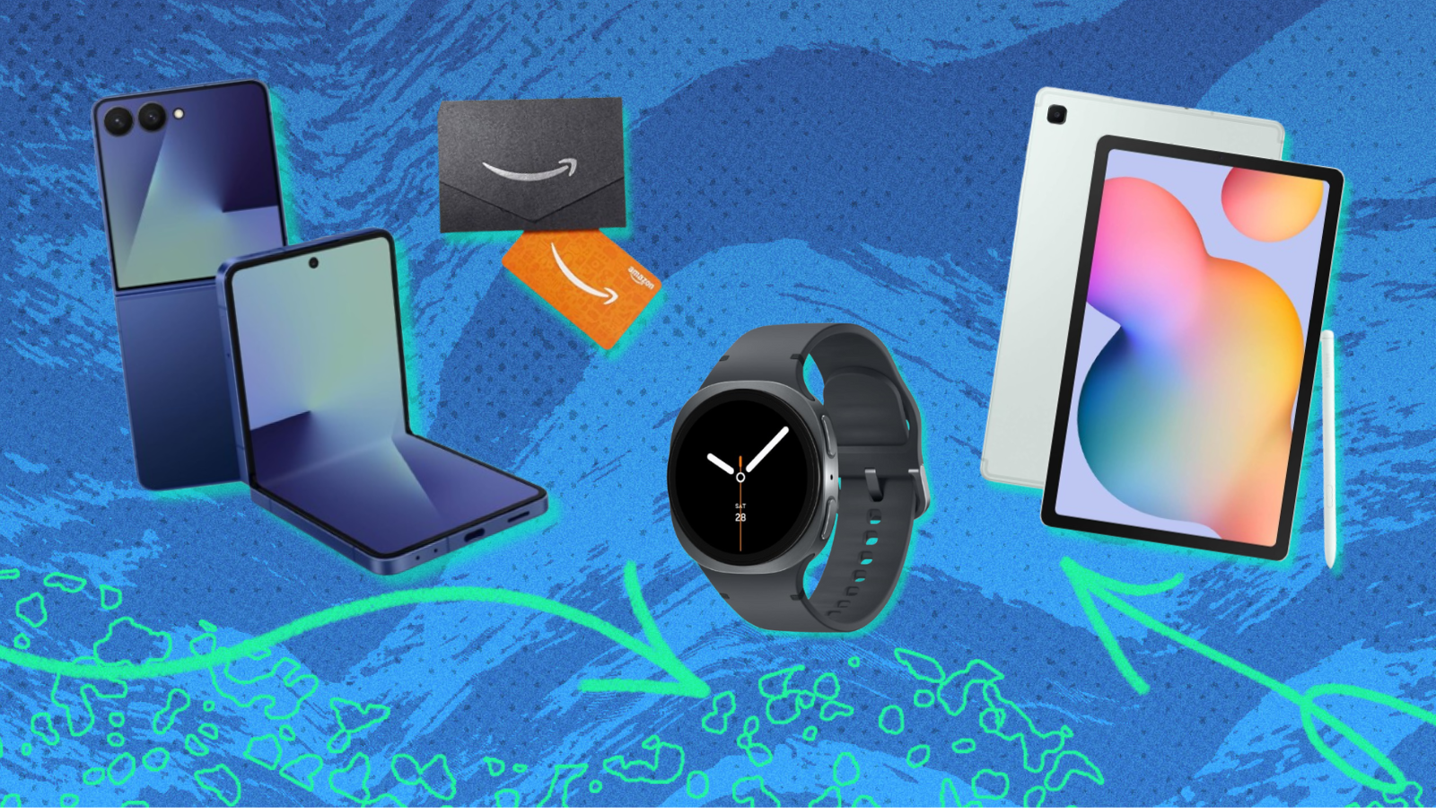 Samsung Galaxy Flip7 with Amazon gift card, Galaxy Watch 8, and Galaxy Tab S6 Lite with blue background