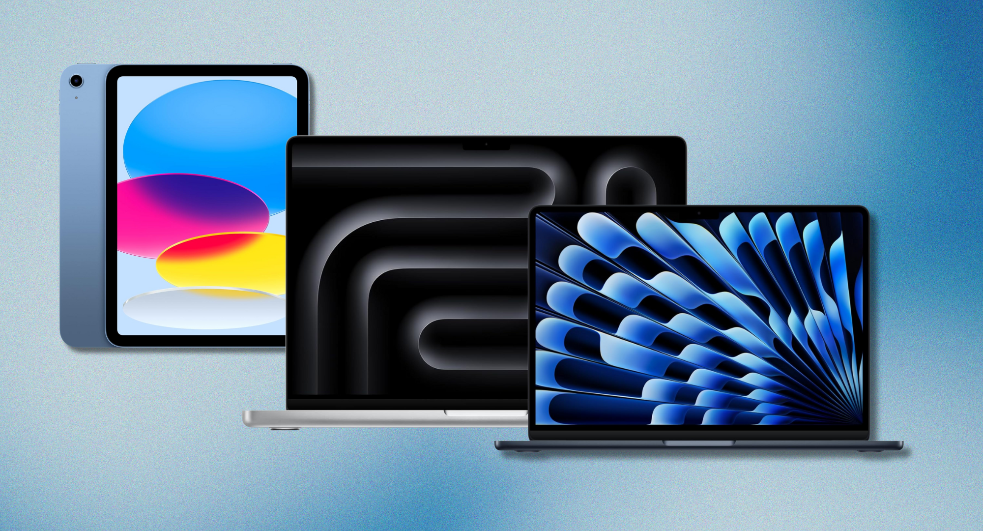 A collage of a blue iPad and two open MacBooks arranged against a blue gradient background. Each device is showing a colorful screen display.