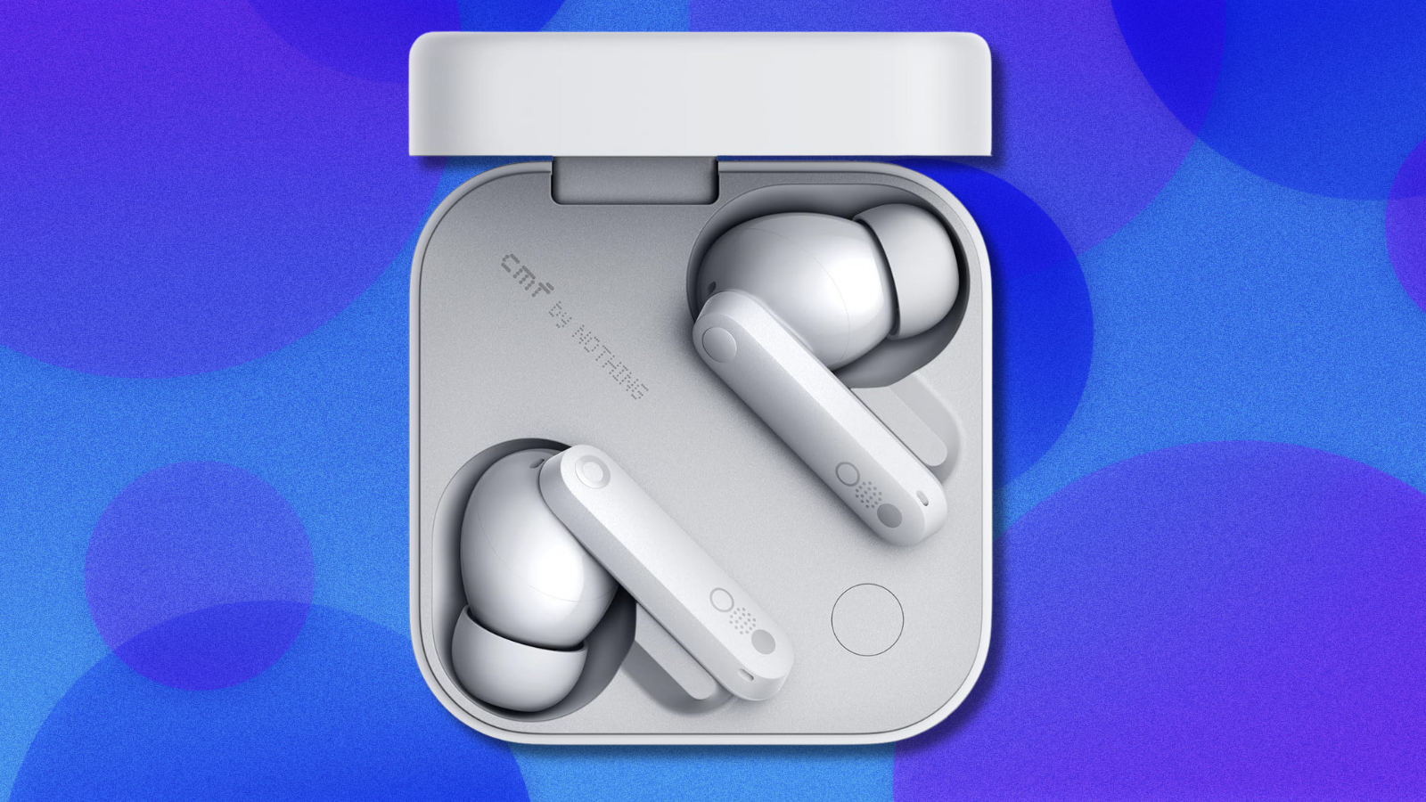 Nothing CMF Buds Pro 2 on blue and navy abstract background
