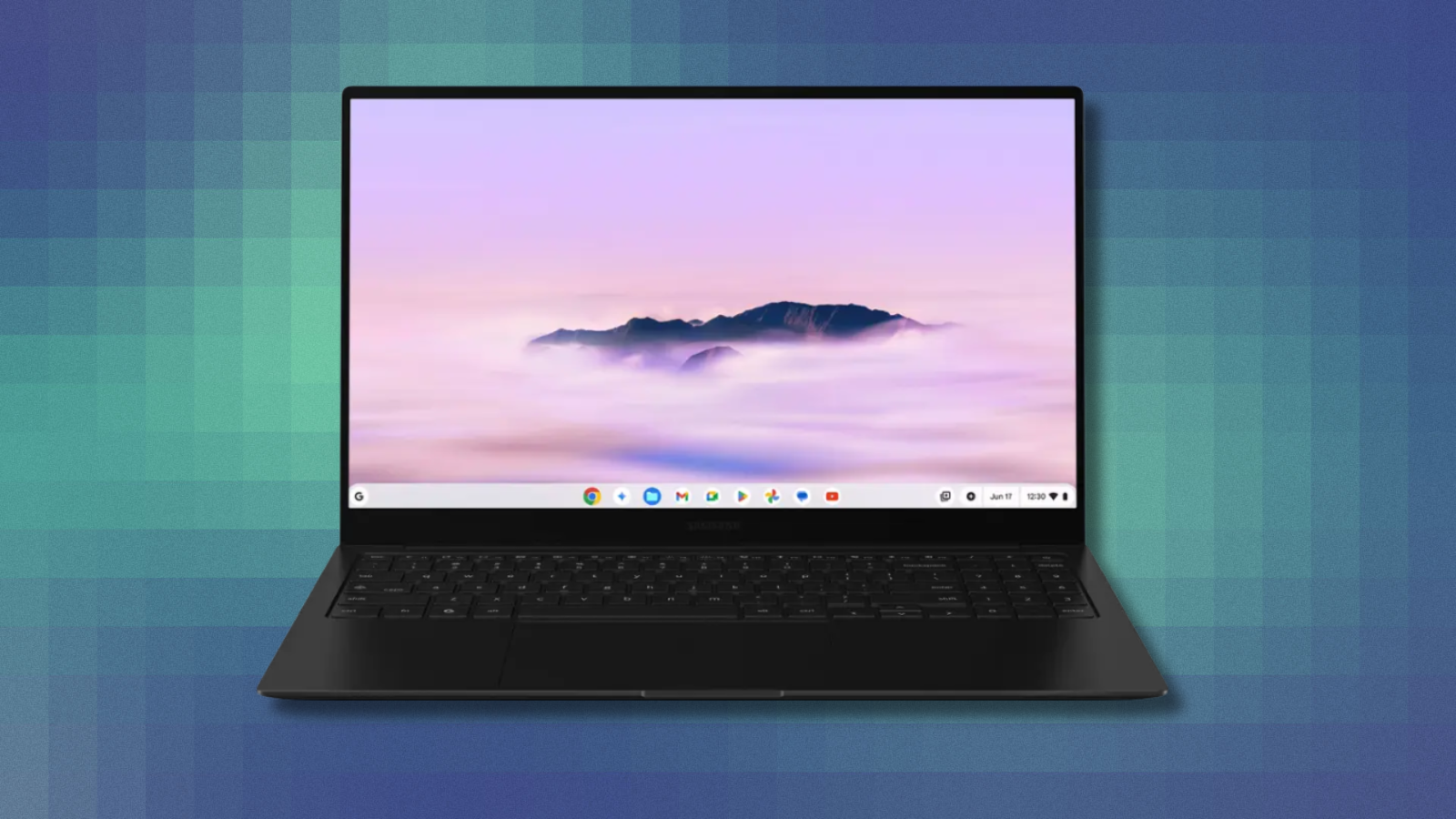 Samsung Galaxy Chromebook Plus on teal abstract background