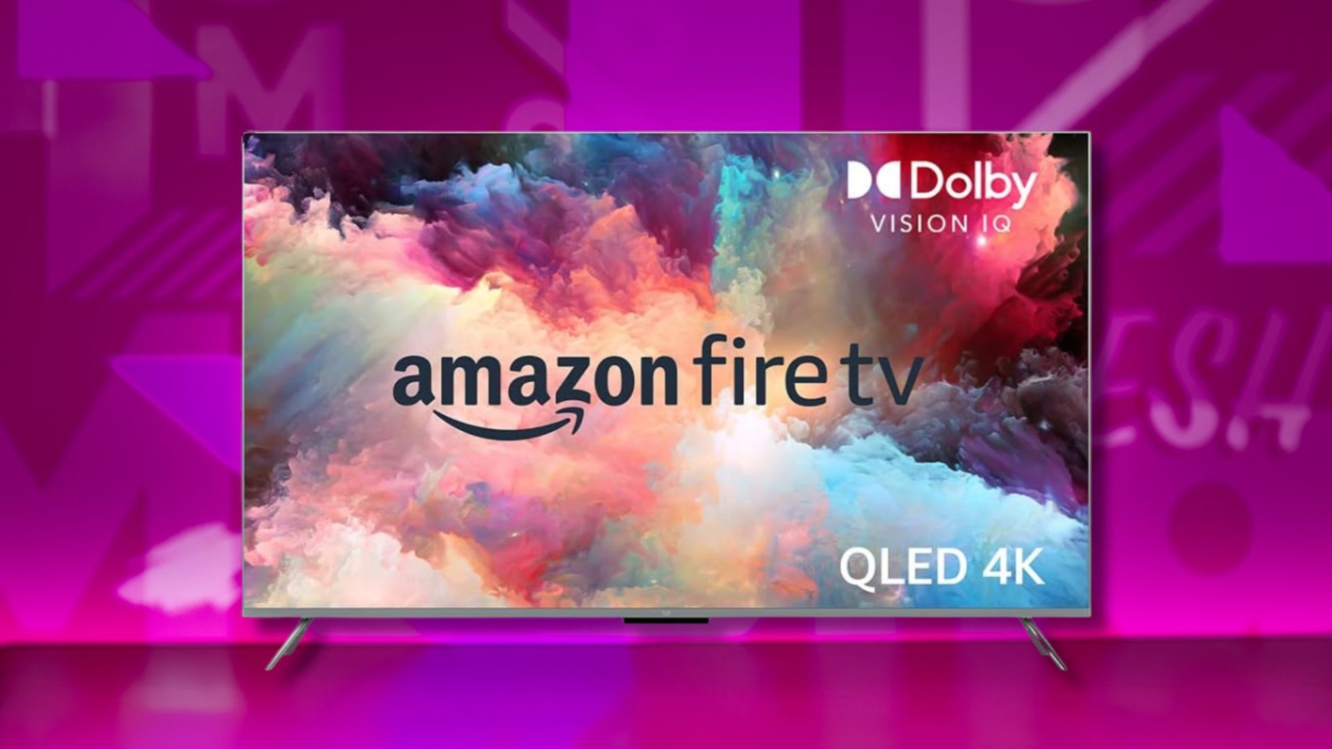 amazon fire tv against a pink patterned background