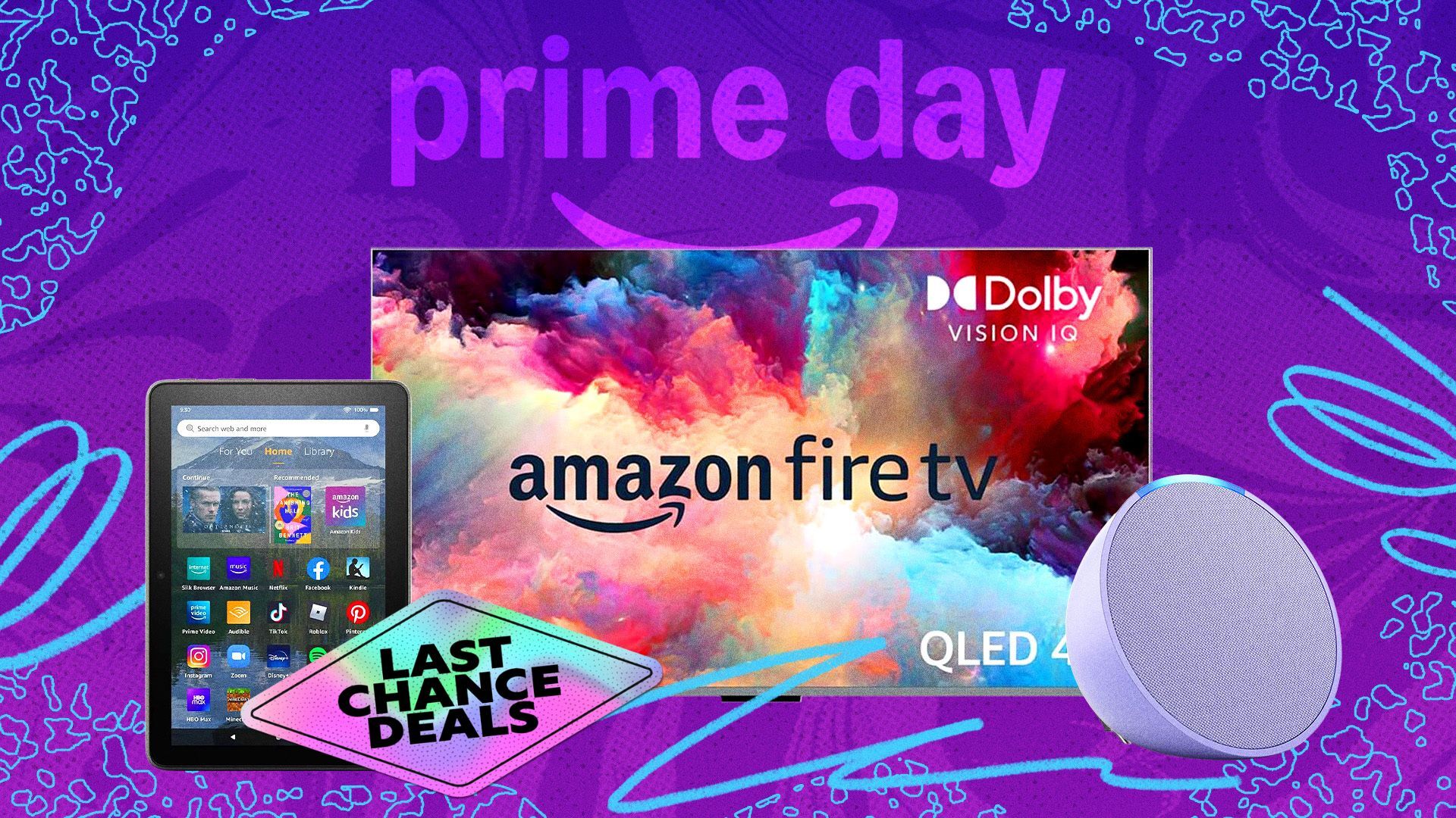 An Amazon Fire tablet and tv on a colorful background; sticker that reads 'last chance deals'
