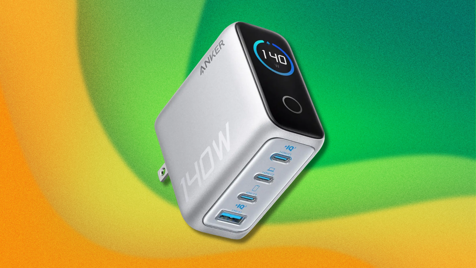 Anker charger on green and yellow abstract background
