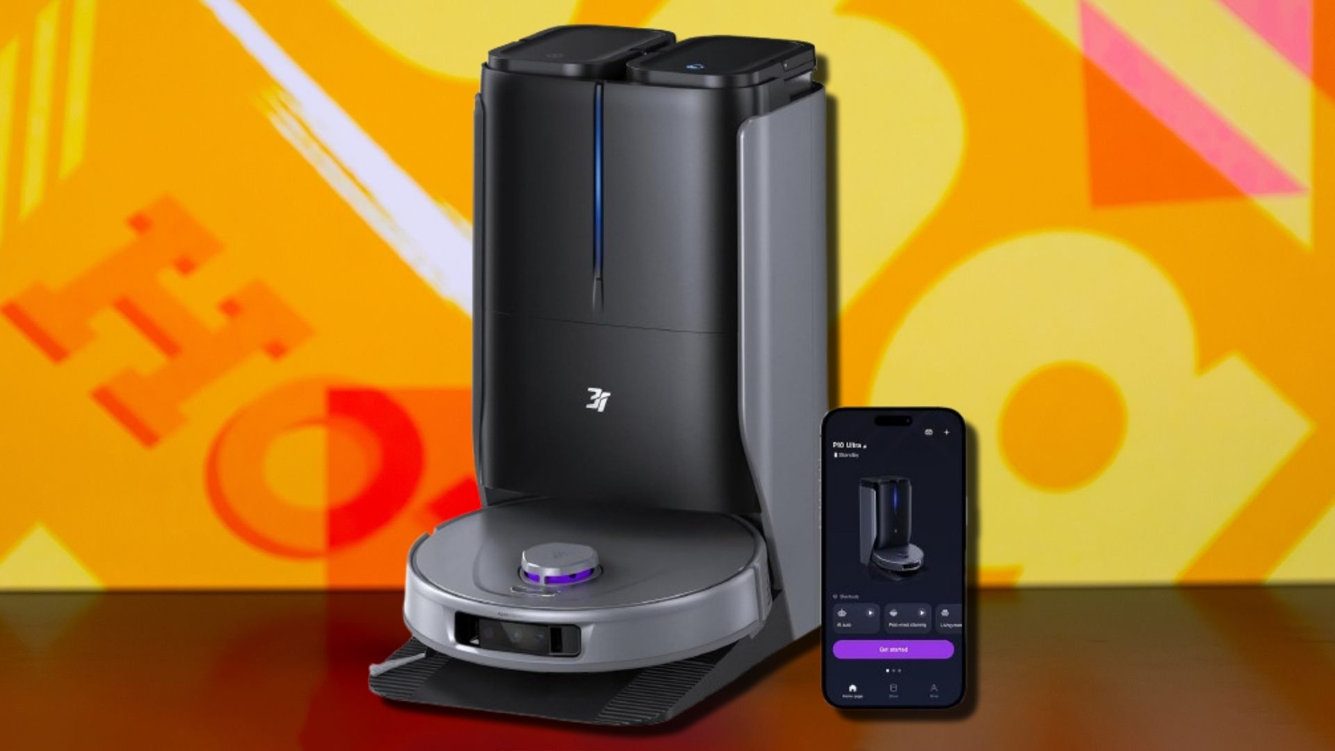 3i P10 Ultra Robot Vacuum and Mop Combo on an orange  background